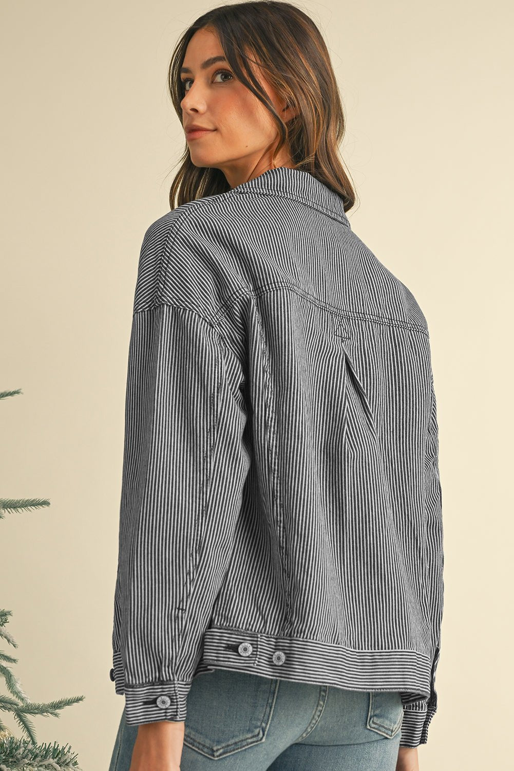 Sky Blue Stripe Washed Oversized Pocketed Denim Jacket - MAD RUFFI