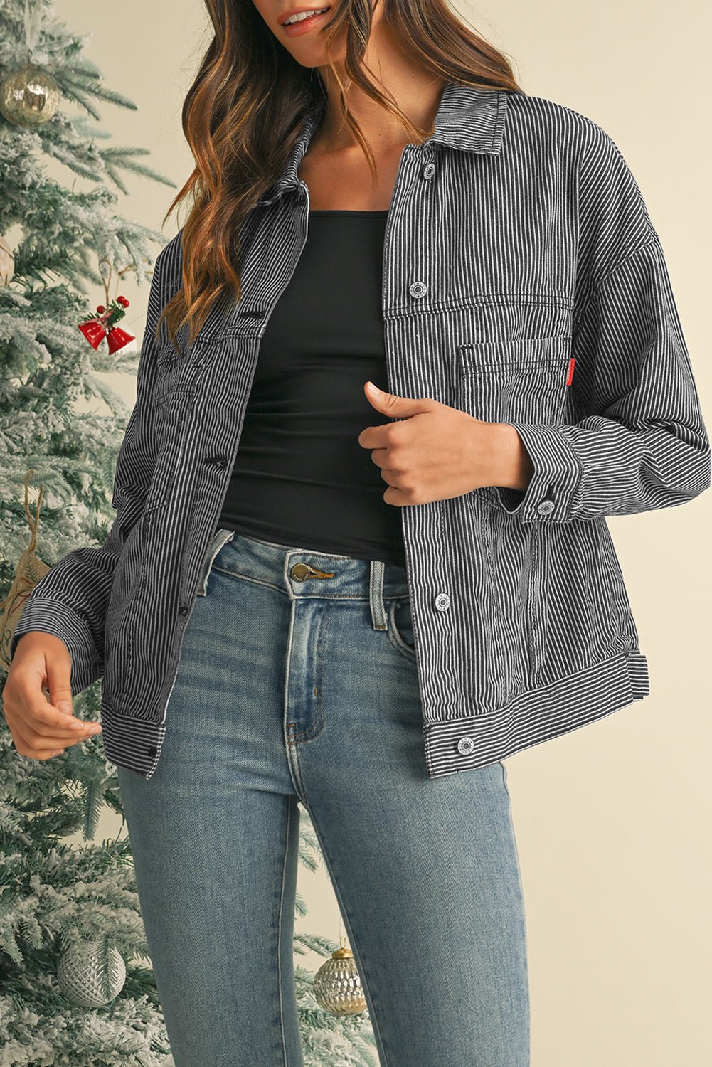 Sky Blue Stripe Washed Oversized Pocketed Denim Jacket - MAD RUFFI