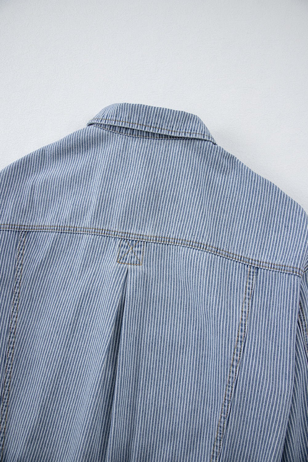 Sky Blue Stripe Washed Oversized Pocketed Denim Jacket - MAD RUFFI