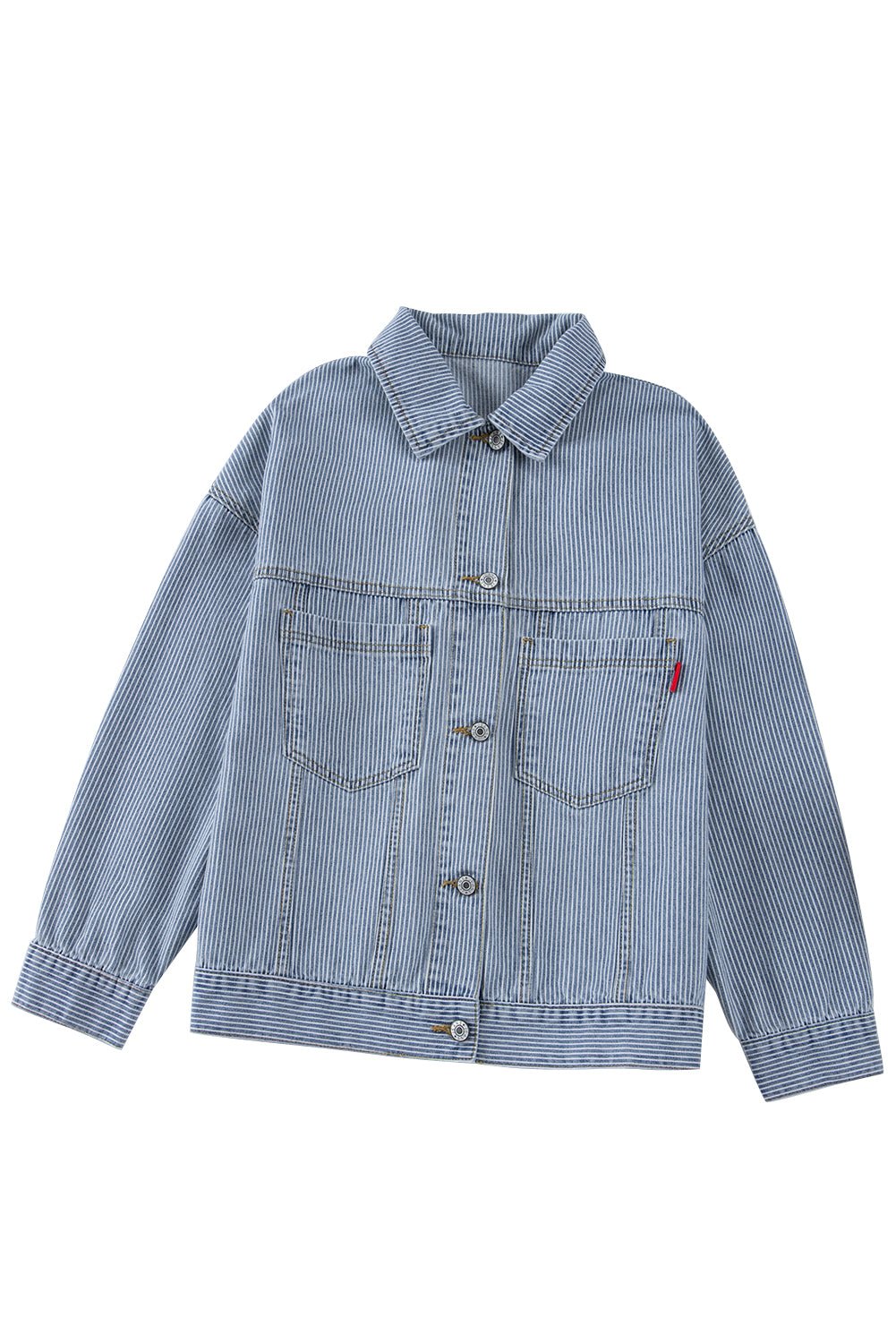 Sky Blue Stripe Washed Oversized Pocketed Denim Jacket - MAD RUFFI
