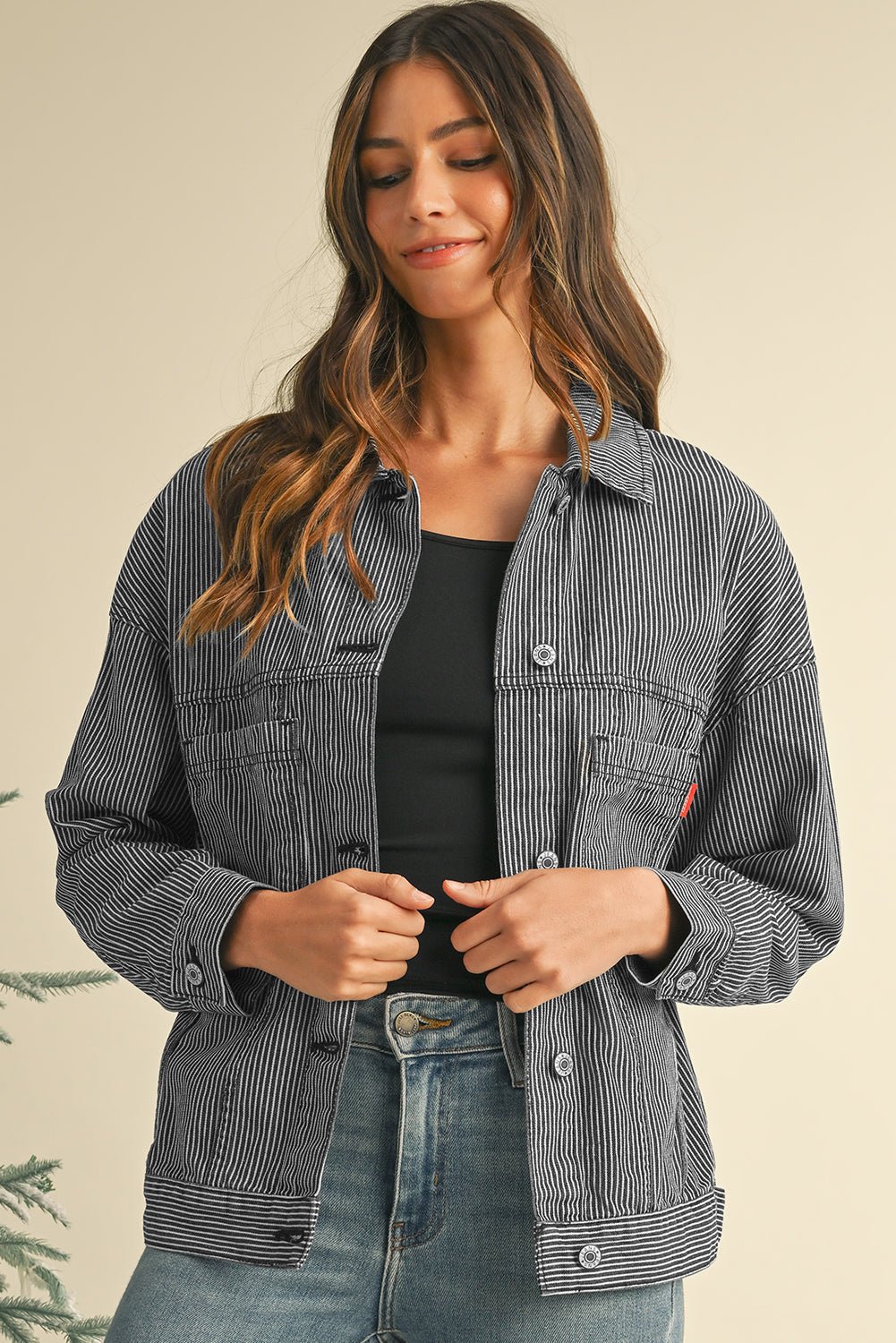 Sky Blue Stripe Washed Oversized Pocketed Denim Jacket - MAD RUFFI