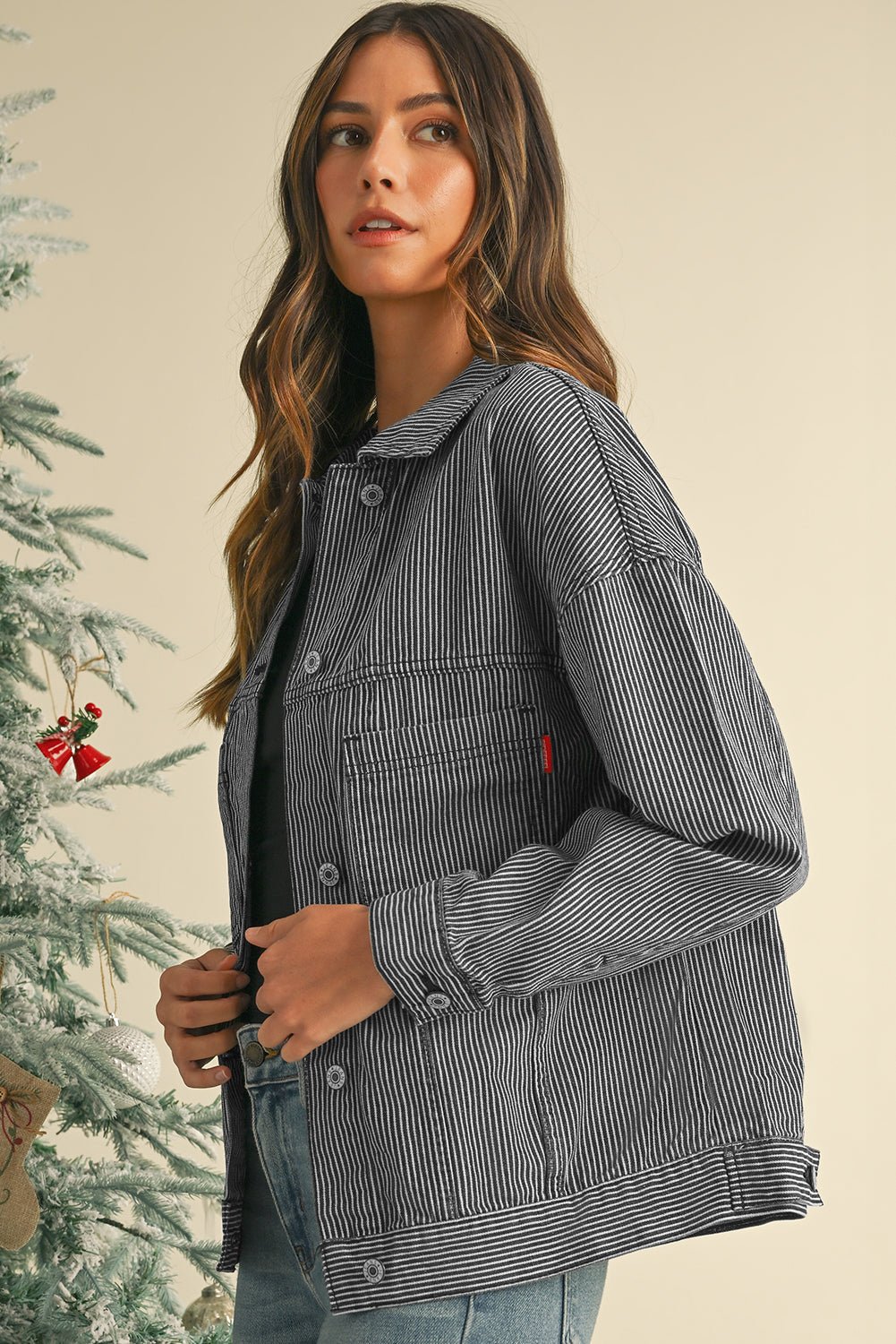 Sky Blue Stripe Washed Oversized Pocketed Denim Jacket - MAD RUFFI