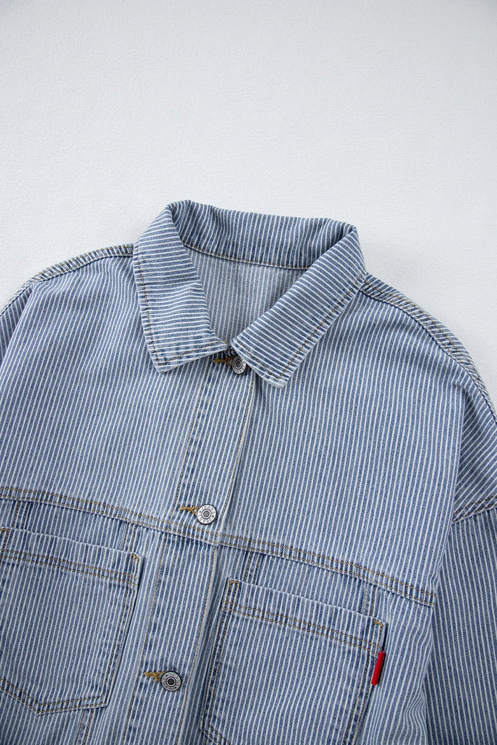 Sky Blue Stripe Washed Oversized Pocketed Denim Jacket - MAD RUFFI