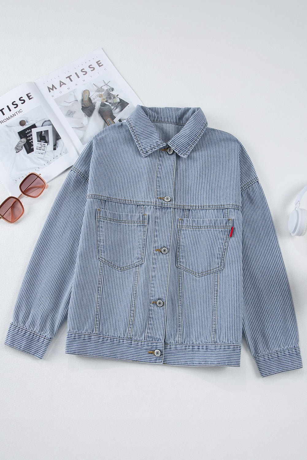 Sky Blue Stripe Washed Oversized Pocketed Denim Jacket - MAD RUFFI