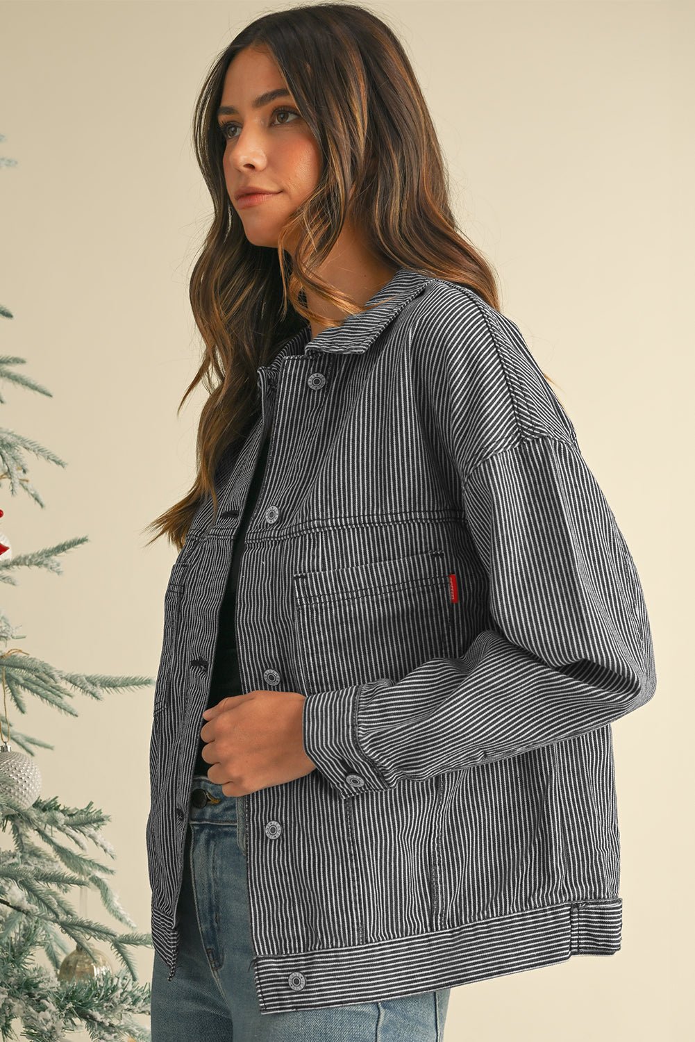 Sky Blue Stripe Washed Oversized Pocketed Denim Jacket - MAD RUFFI