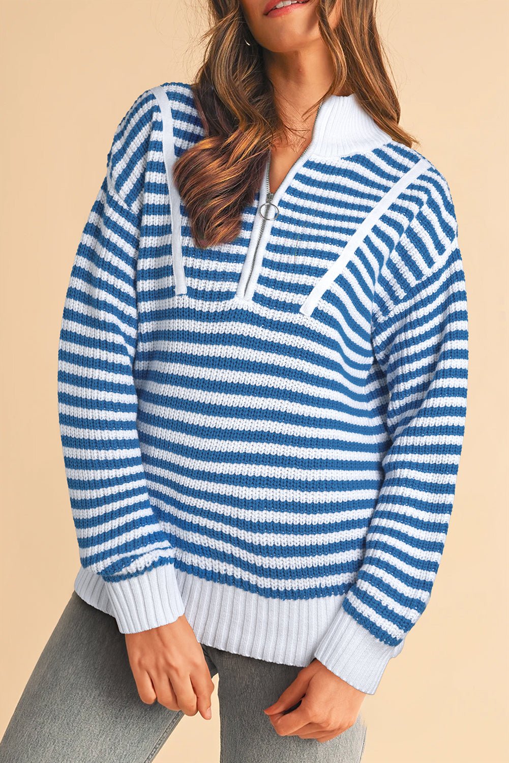Sky Blue Stripe Zip up Collar Drop Sleeve Sweater - MAD RUFFI