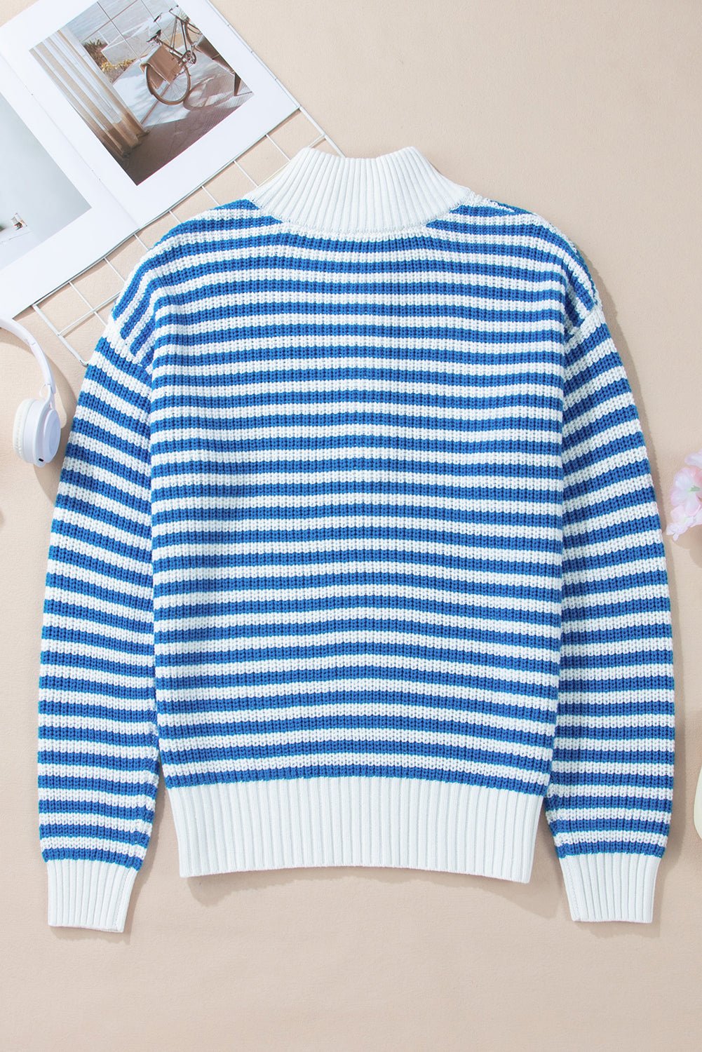 Sky Blue Stripe Zip up Collar Drop Sleeve Sweater - MAD RUFFI