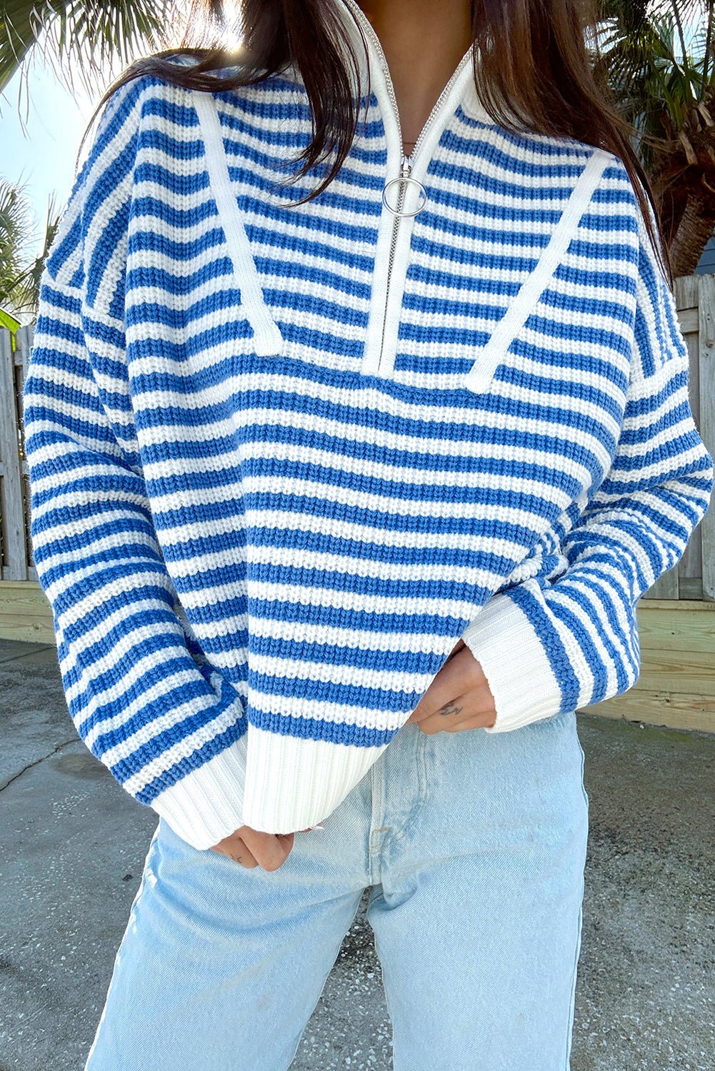 Sky Blue Stripe Zip up Collar Drop Sleeve Sweater - MAD RUFFI