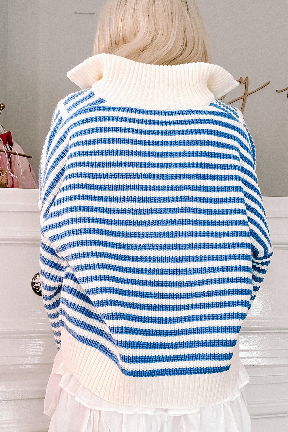 Sky Blue Stripe Zip up Collar Drop Sleeve Sweater - MAD RUFFI