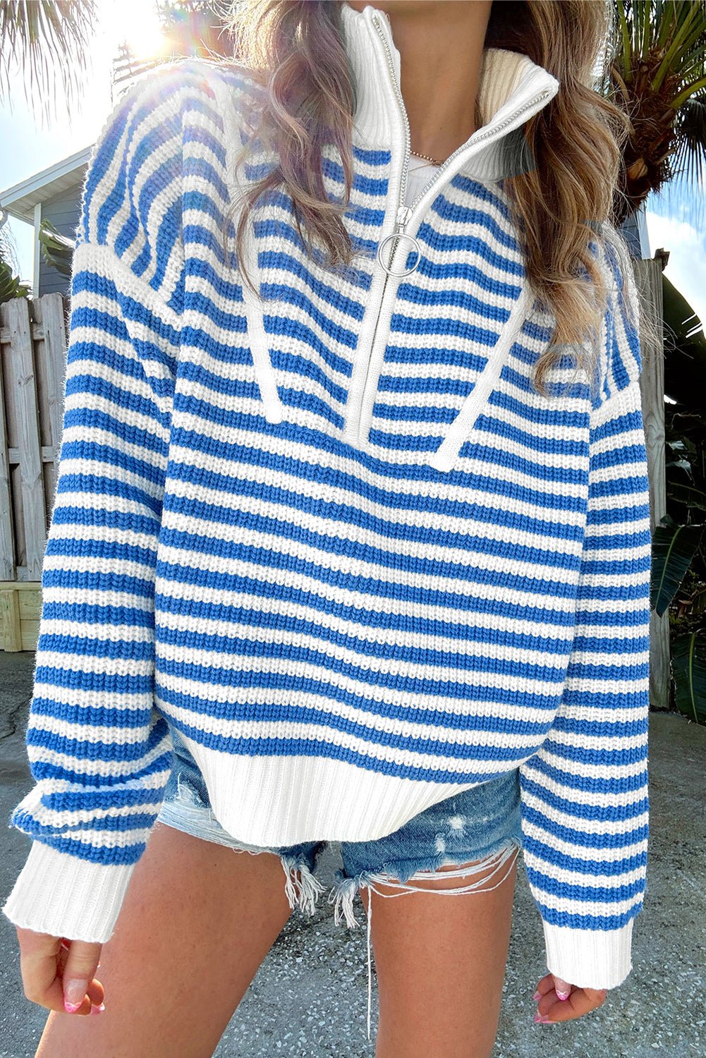Sky Blue Stripe Zip up Collar Drop Sleeve Sweater - MAD RUFFI