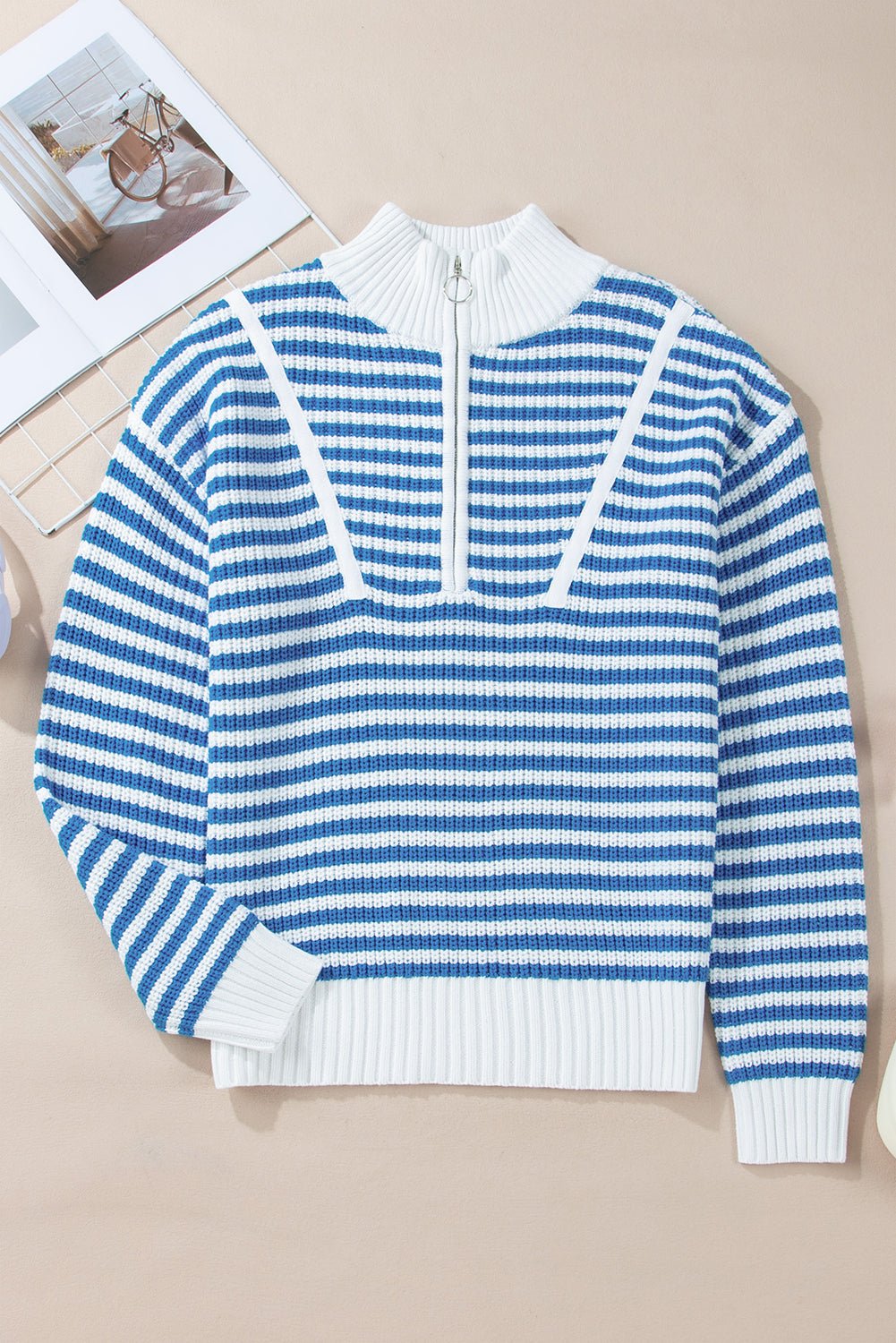 Sky Blue Stripe Zip up Collar Drop Sleeve Sweater - MAD RUFFI