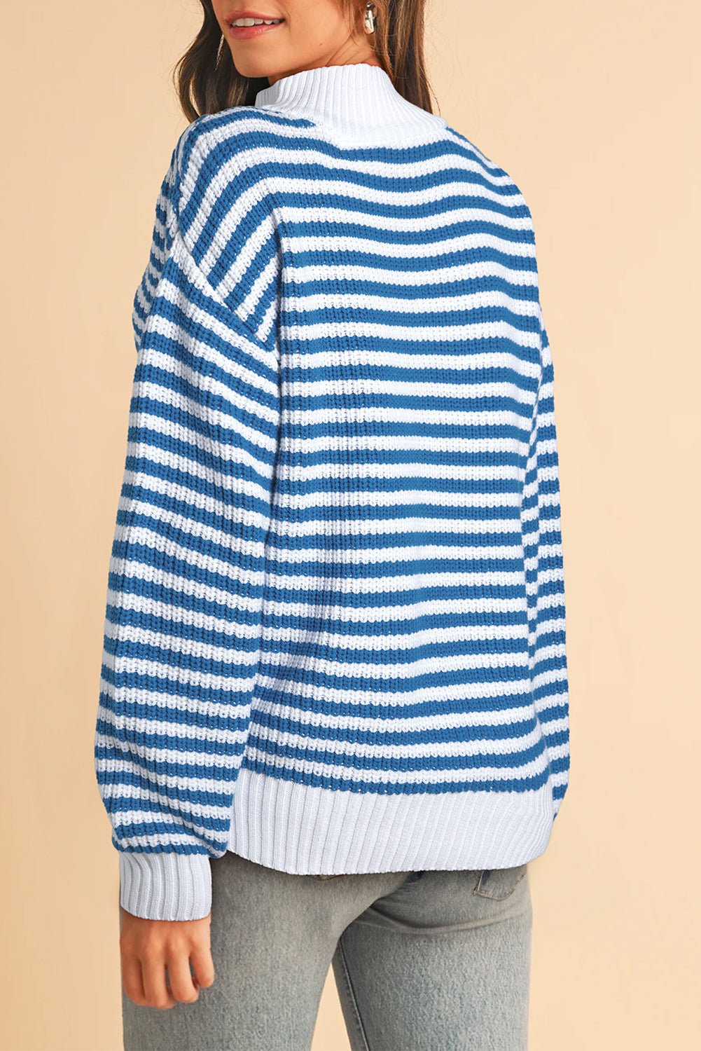 Sky Blue Stripe Zip up Collar Drop Sleeve Sweater - MAD RUFFI