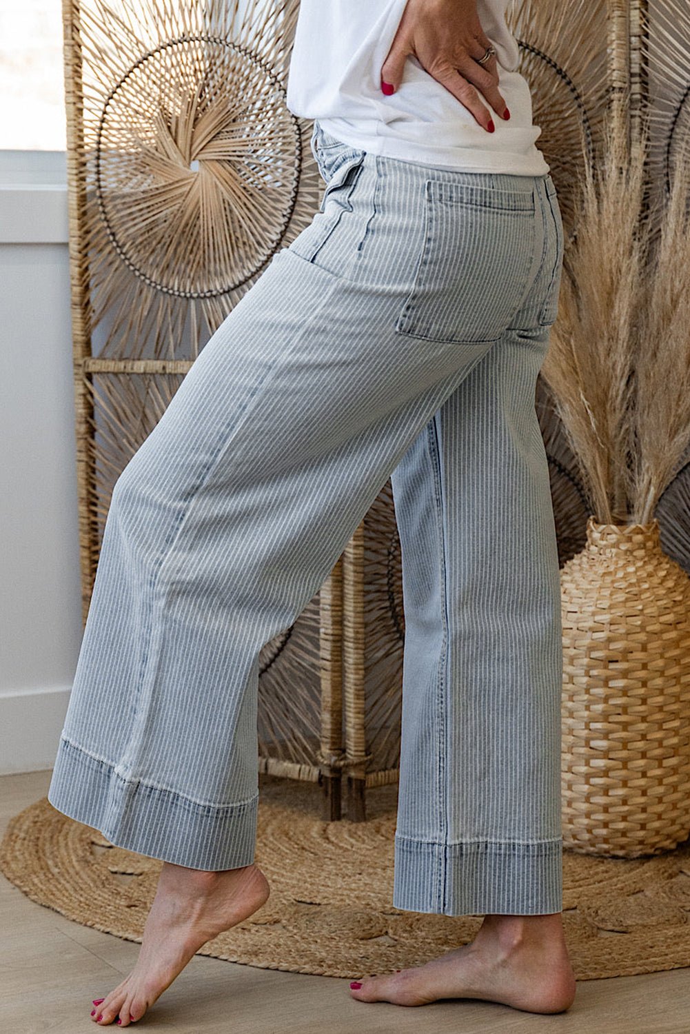 Sky Blue Striped Button Flap Pocket Cuffed Hem Wide Leg Jeans - MAD RUFFI
