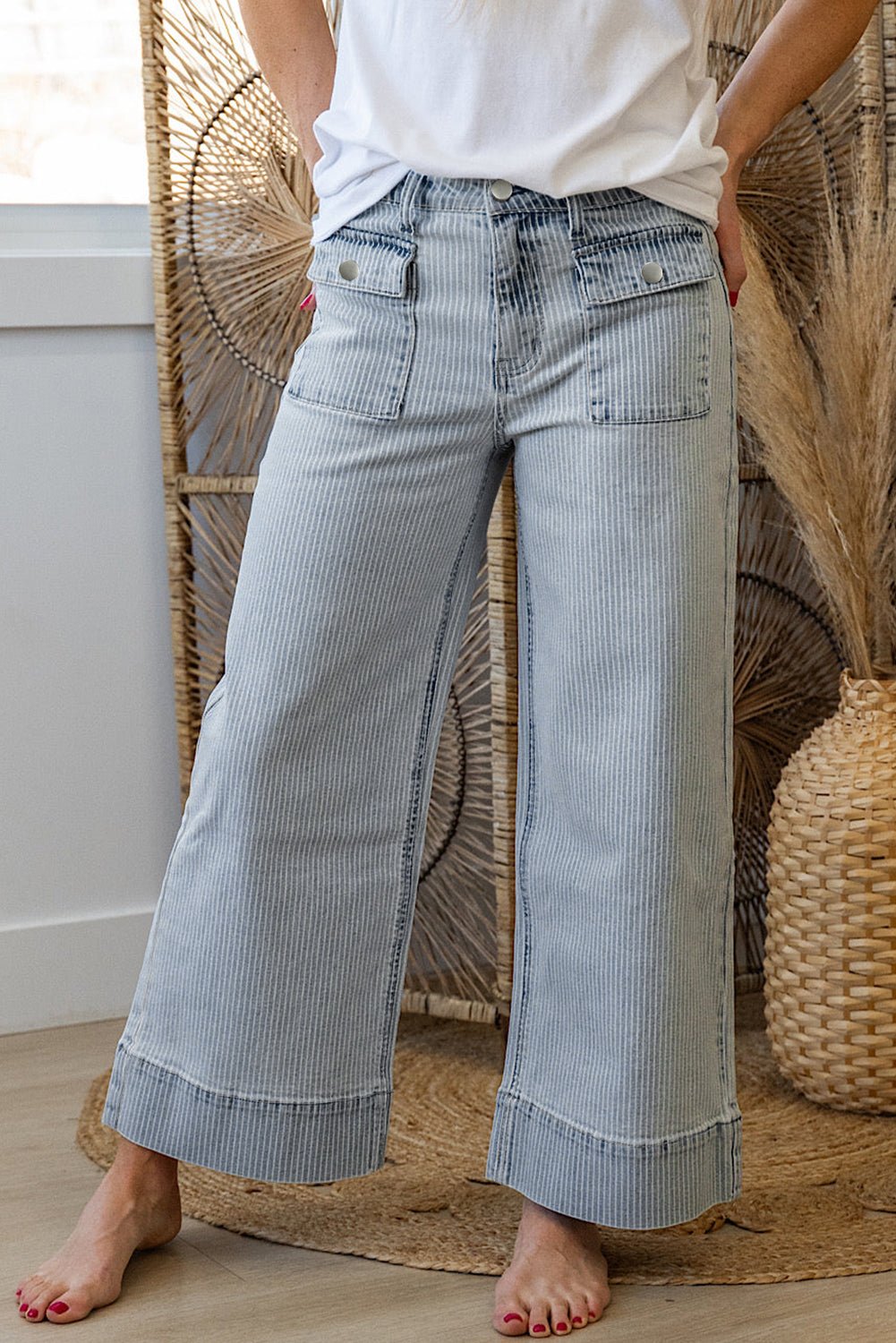 Sky Blue Striped Button Flap Pocket Cuffed Hem Wide Leg Jeans - MAD RUFFI