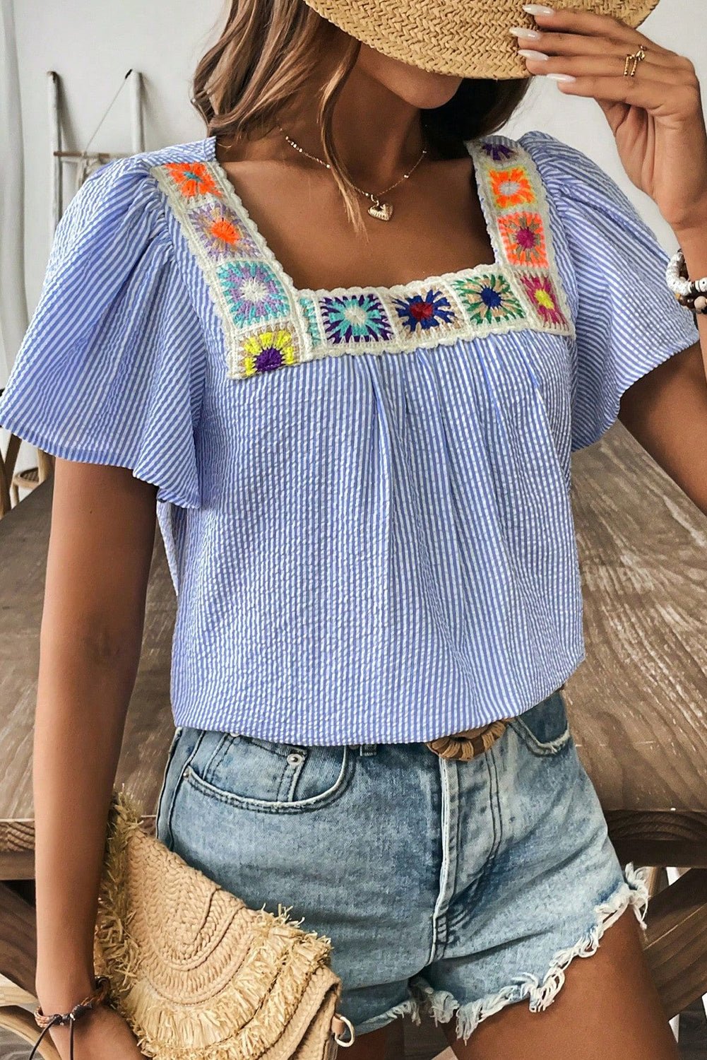 Sky Blue Striped Crochet Applique Boho Blouse - MAD RUFFI