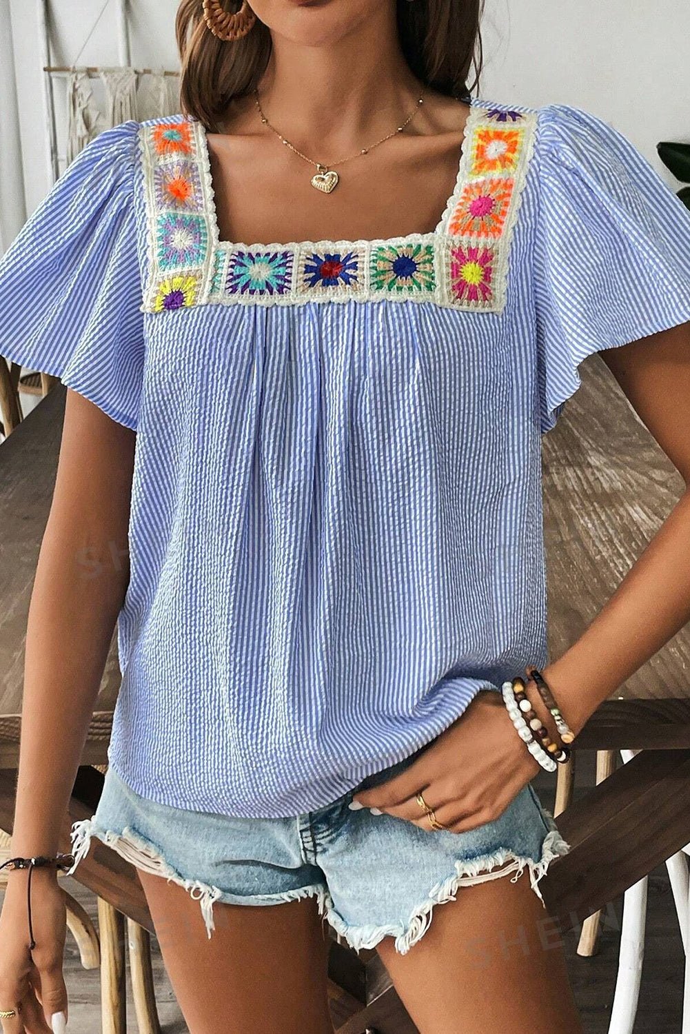 Sky Blue Striped Crochet Applique Boho Blouse - MAD RUFFI
