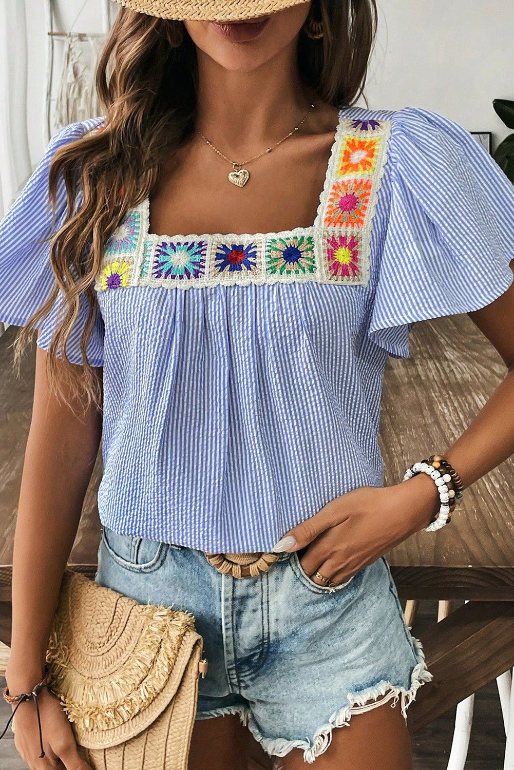 Sky Blue Striped Crochet Applique Boho Blouse - MAD RUFFI