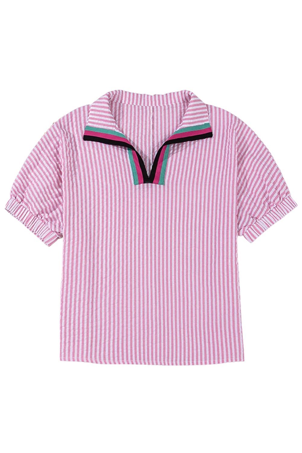 Sky Blue Striped Dolman Sleeve Pop of Color Neckline Blouse - MAD RUFFI