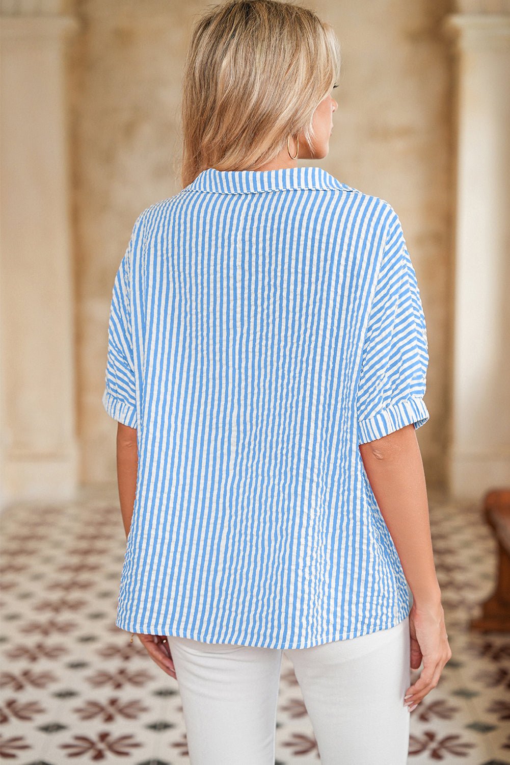 Sky Blue Striped Dolman Sleeve Pop of Color Neckline Blouse - MAD RUFFI