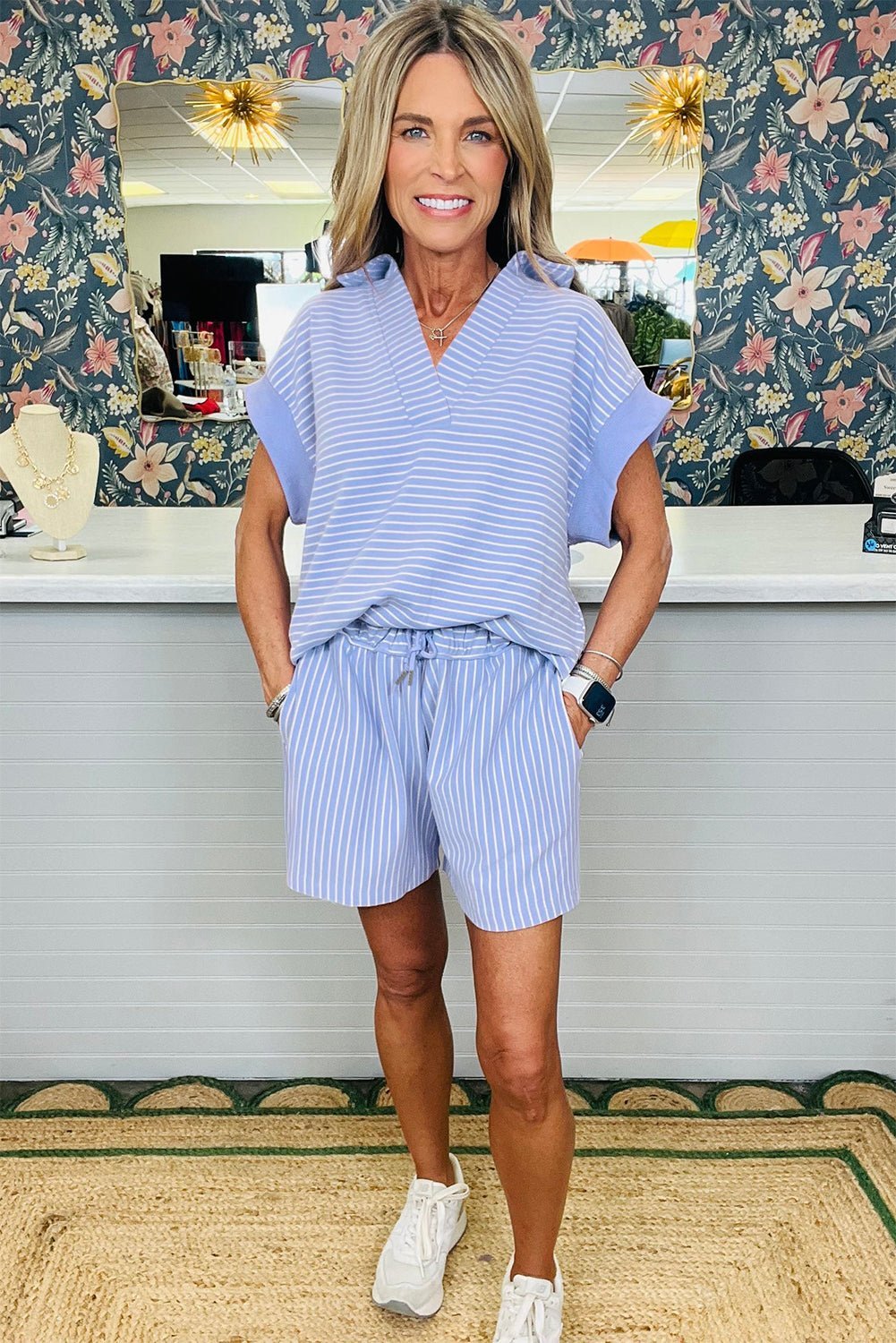 Sky Blue Striped Dolman Sleeve Pullover and Drawstring Shorts Set - MAD RUFFI