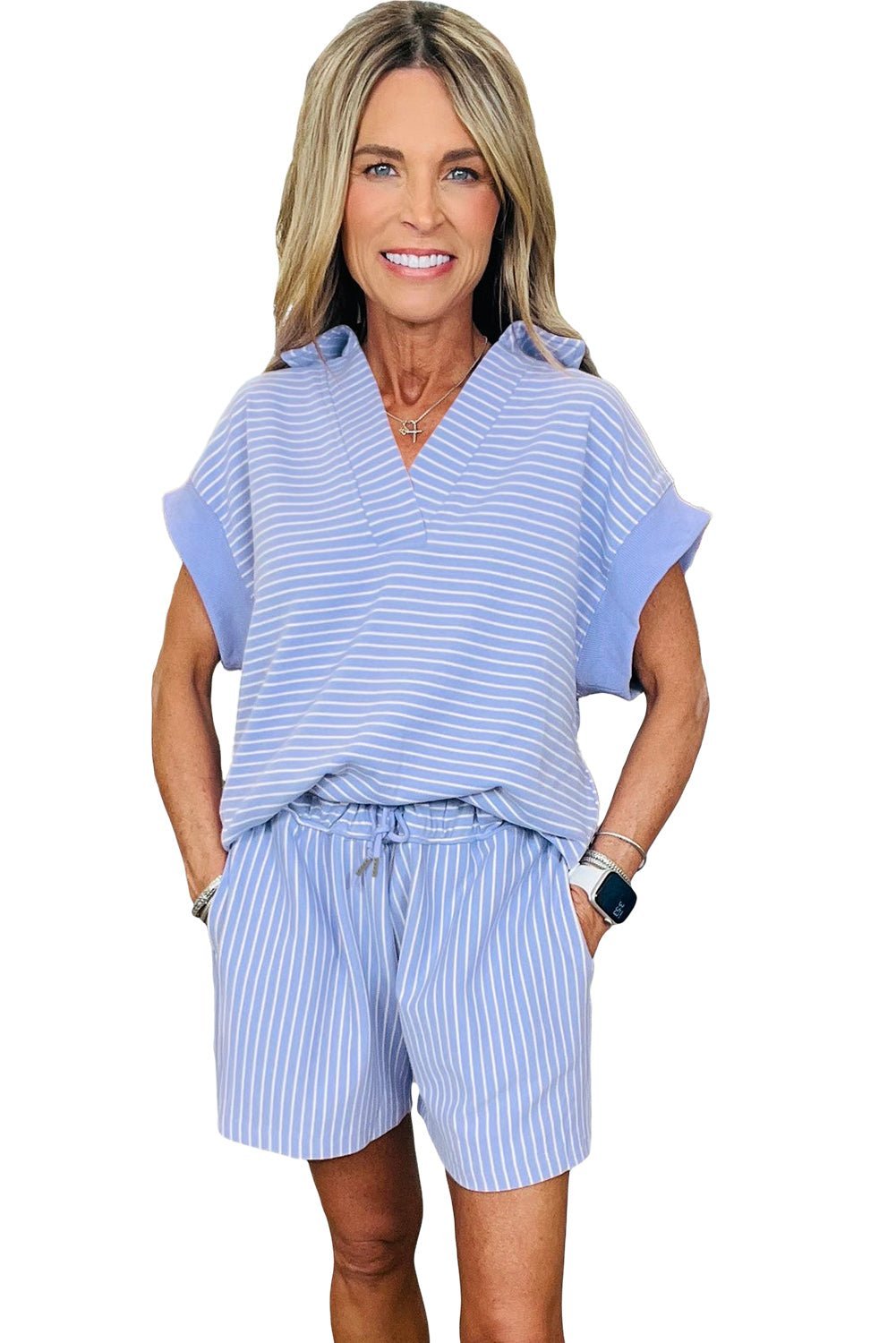 Sky Blue Striped Dolman Sleeve Pullover and Drawstring Shorts Set - MAD RUFFI