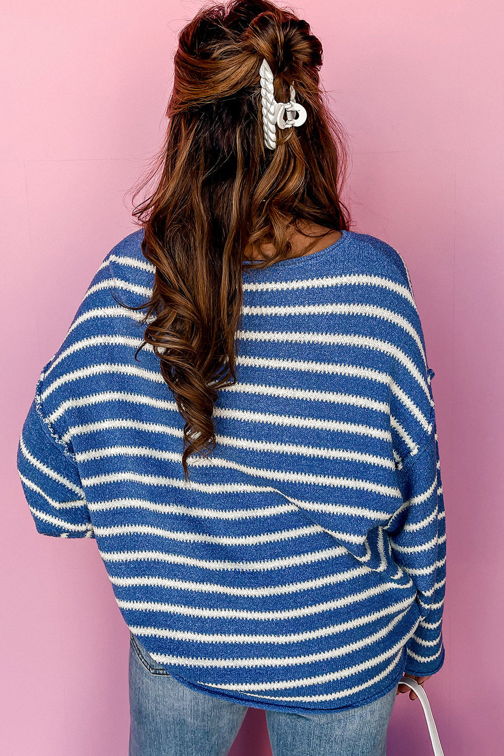 Sky Blue Striped Drop Shoulder Plus Size Sweater - Plus Size Sweaters&Cardigans