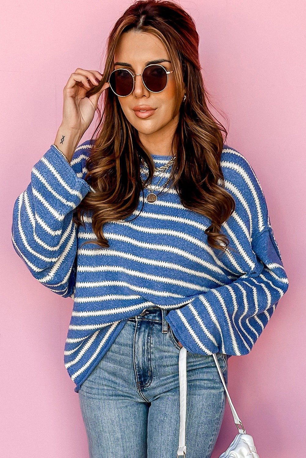 Sky Blue Striped Drop Shoulder Plus Size Sweater - Plus Size Sweaters&Cardigans