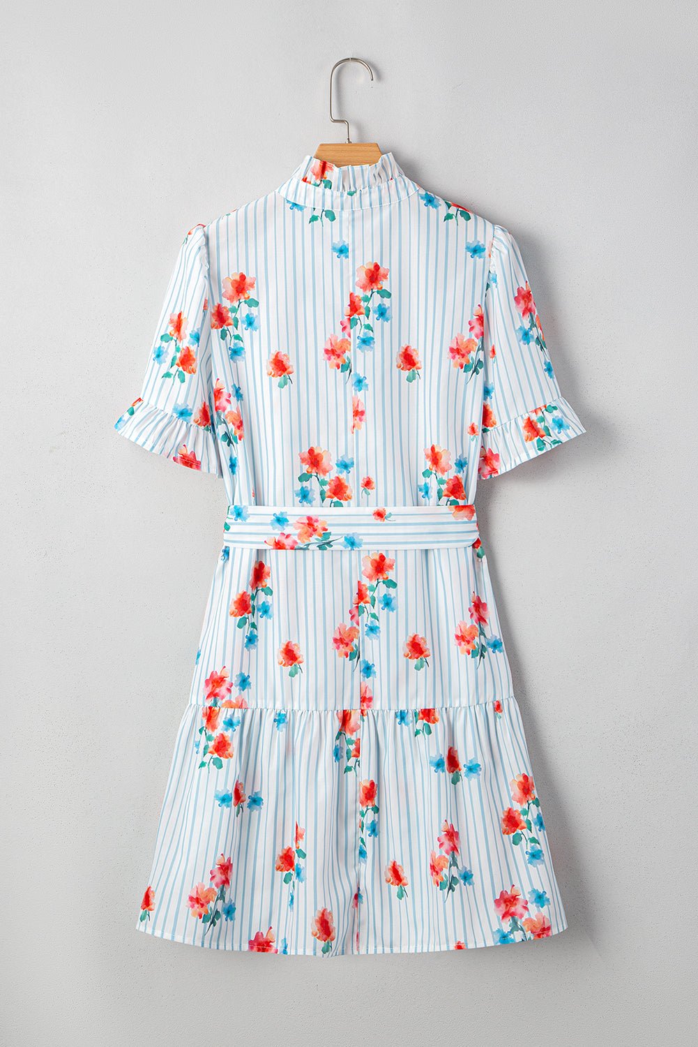 Sky Blue Striped Floral Print Ruffle Belted Mini Dress - MAD RUFFI