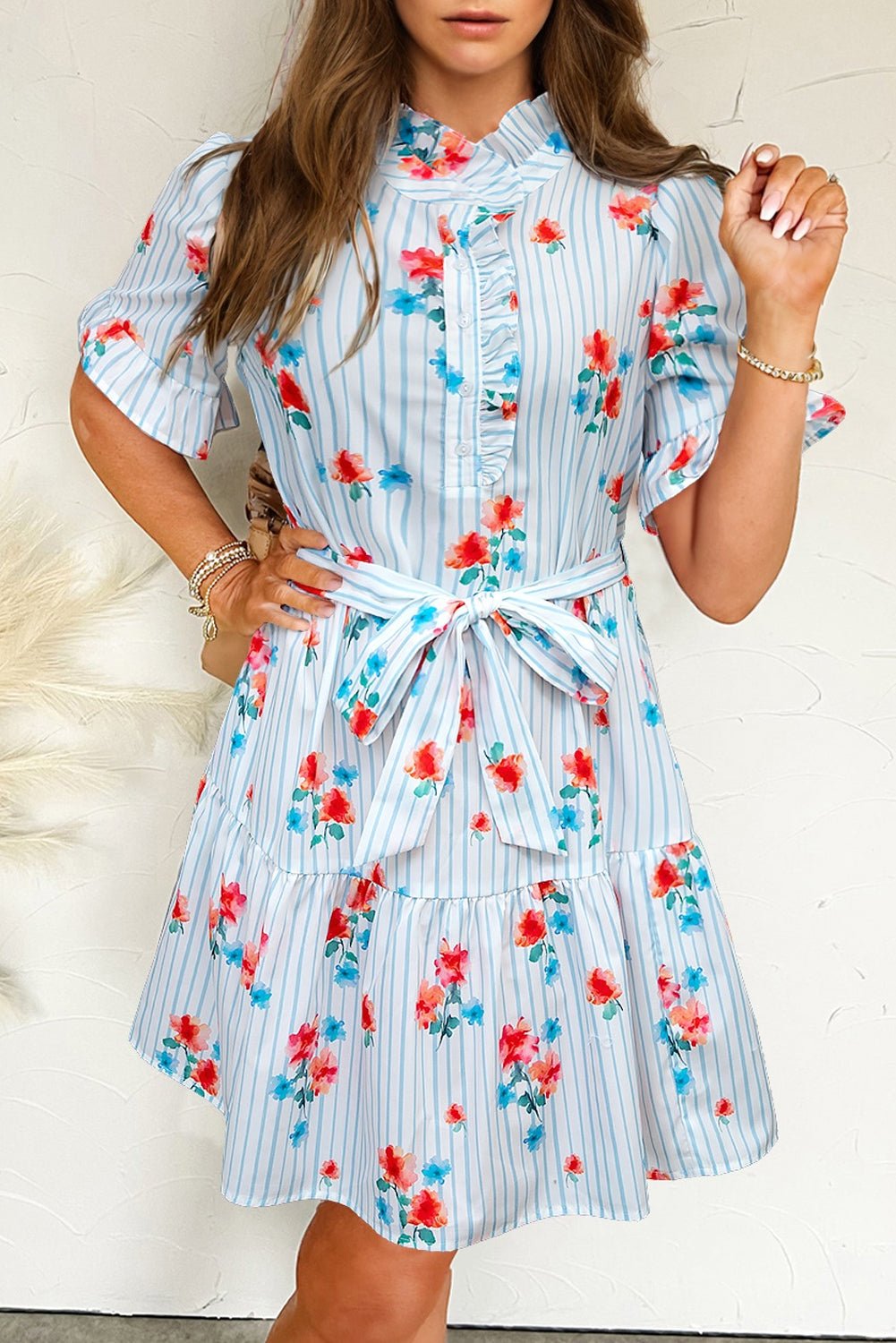 Sky Blue Striped Floral Print Ruffle Belted Mini Dress - MAD RUFFI