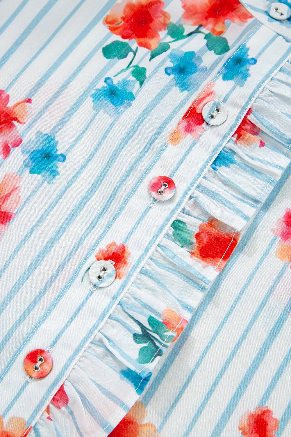 Sky Blue Striped Floral Print Ruffle Belted Mini Dress - MAD RUFFI