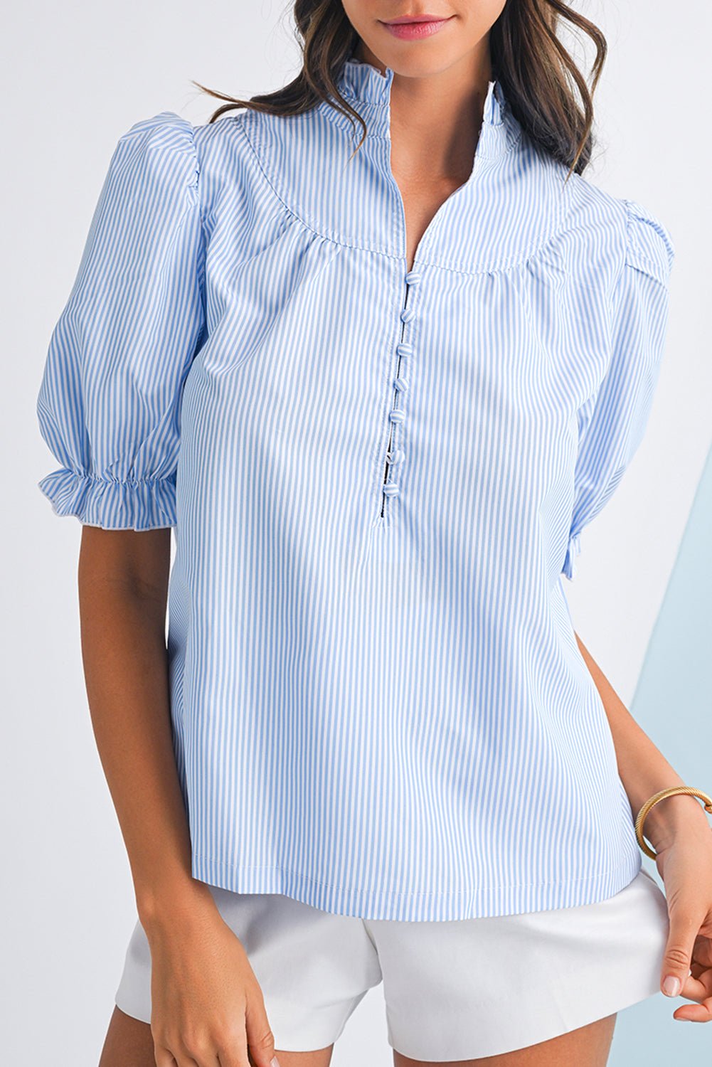 Sky Blue Striped Frill Neck Puff Sleeve Blouse - MAD RUFFI