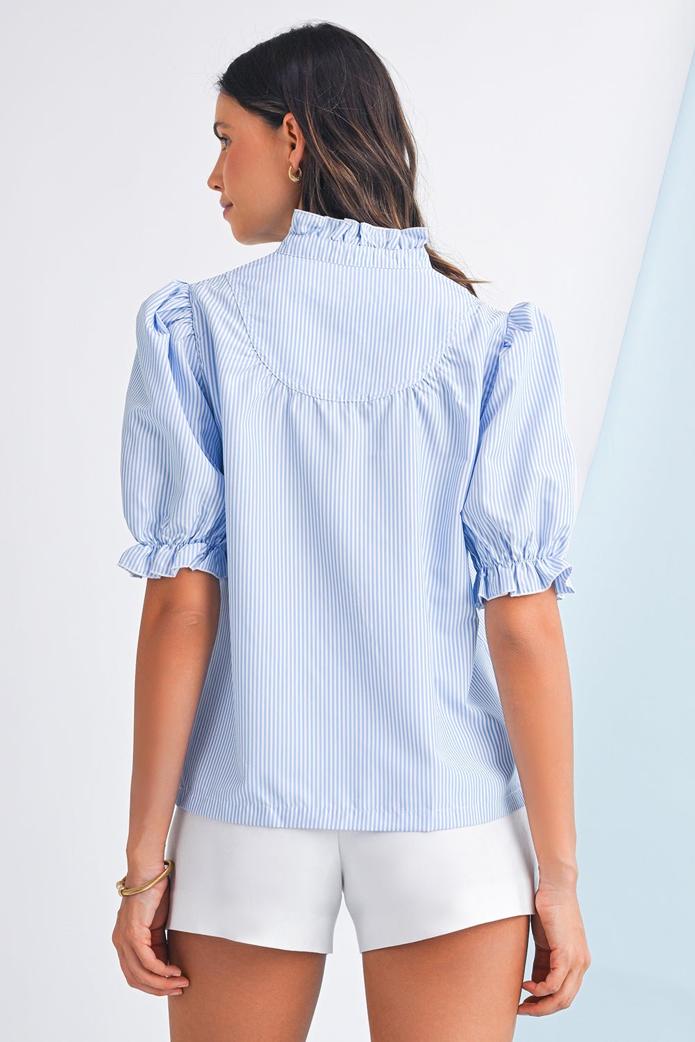 Sky Blue Striped Frill Neck Puff Sleeve Blouse - MAD RUFFI