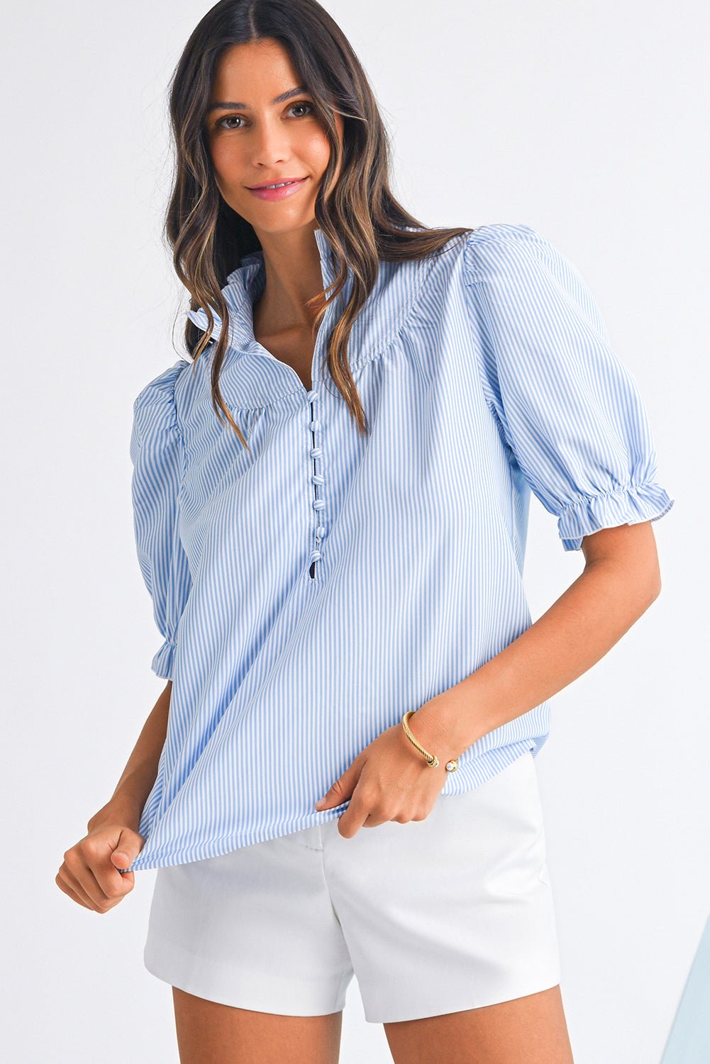 Sky Blue Striped Frill Neck Puff Sleeve Blouse - MAD RUFFI
