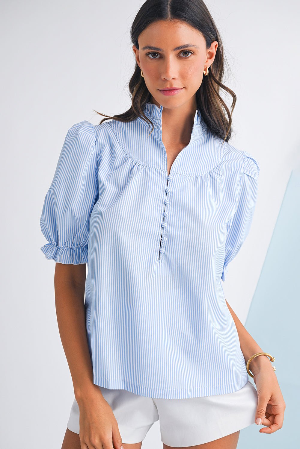 Sky Blue Striped Frill Neck Puff Sleeve Blouse - MAD RUFFI