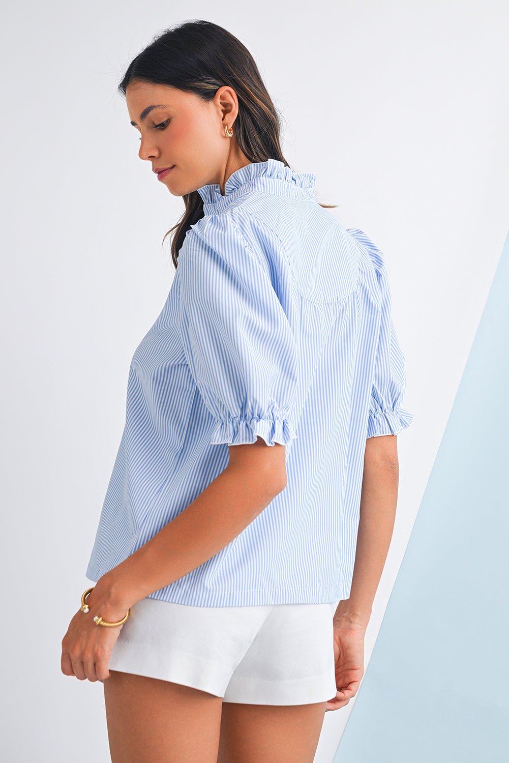 Sky Blue Striped Frill Neck Puff Sleeve Blouse - MAD RUFFI