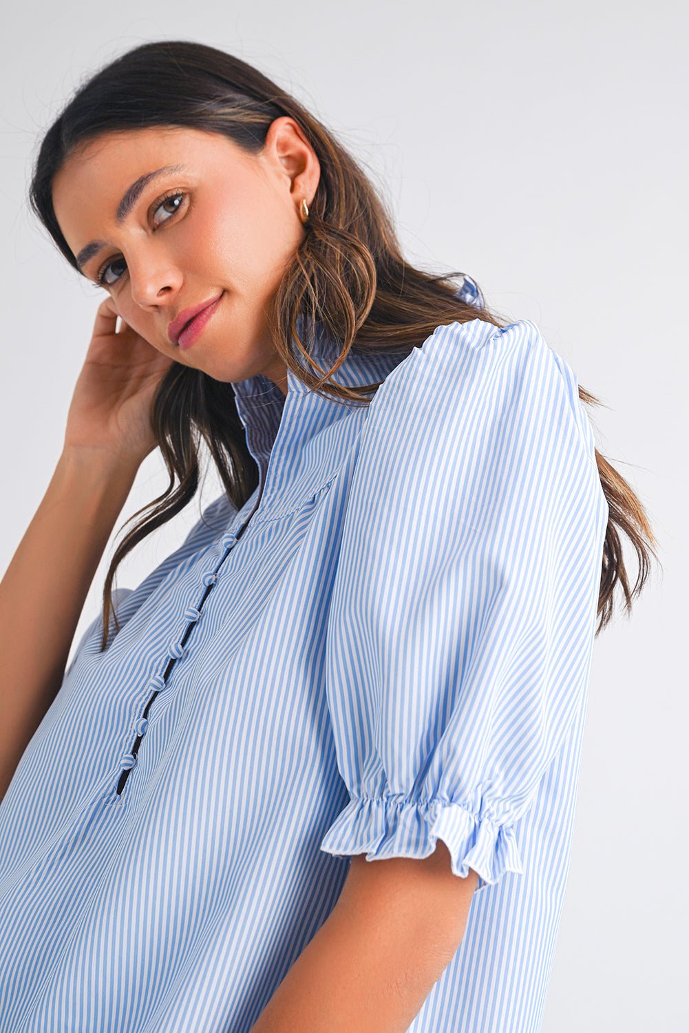 Sky Blue Striped Frill Neck Puff Sleeve Blouse - MAD RUFFI