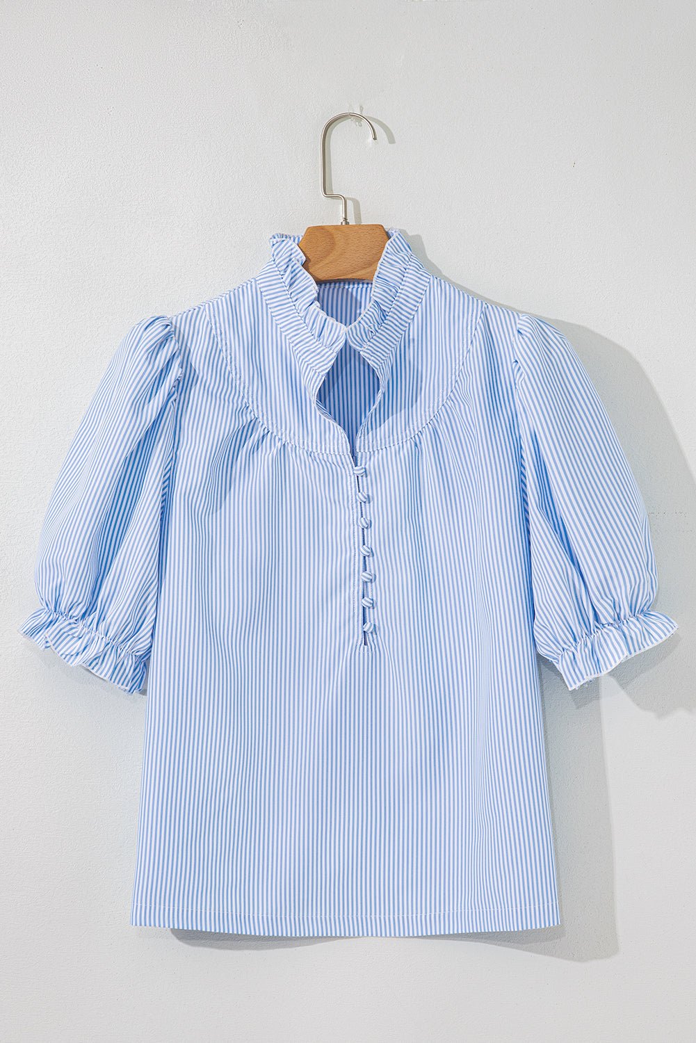 Sky Blue Striped Frill Neck Puff Sleeve Blouse - MAD RUFFI