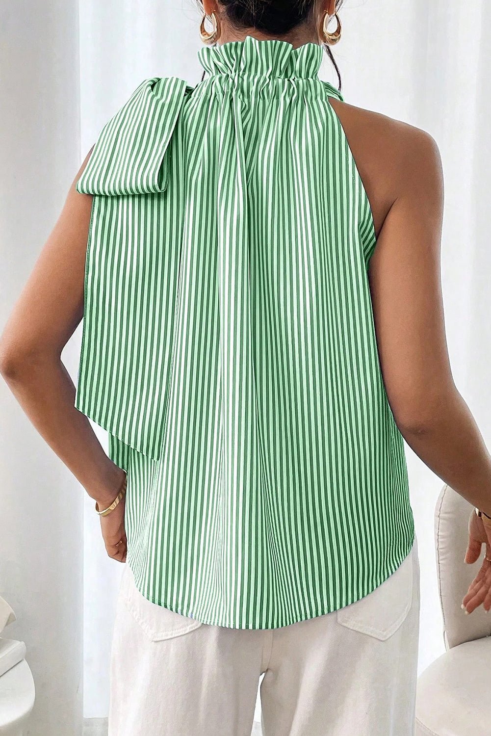 sky blue striped frill neck tie knot sleeveless top - MAD RUFFI
