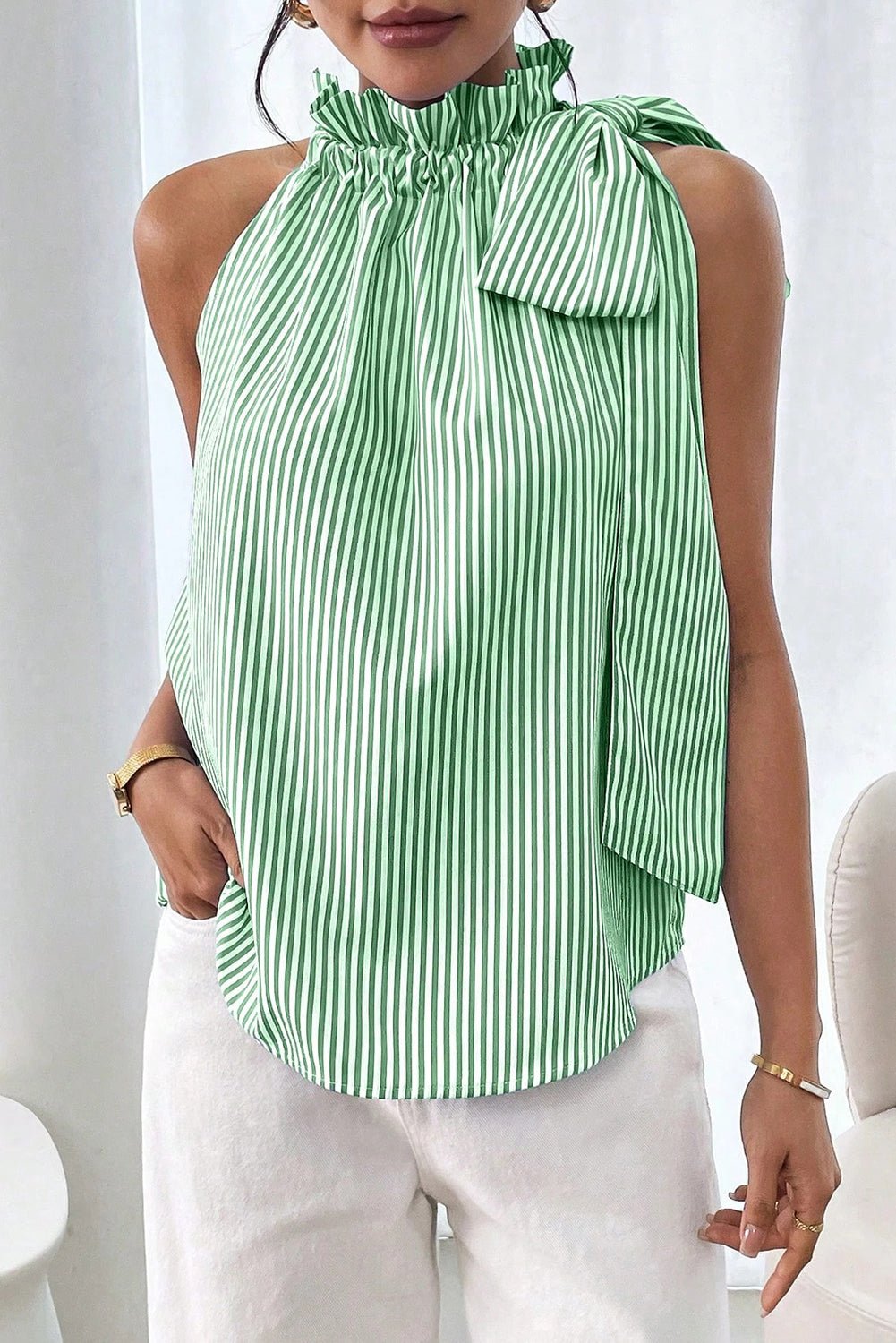 sky blue striped frill neck tie knot sleeveless top - MAD RUFFI