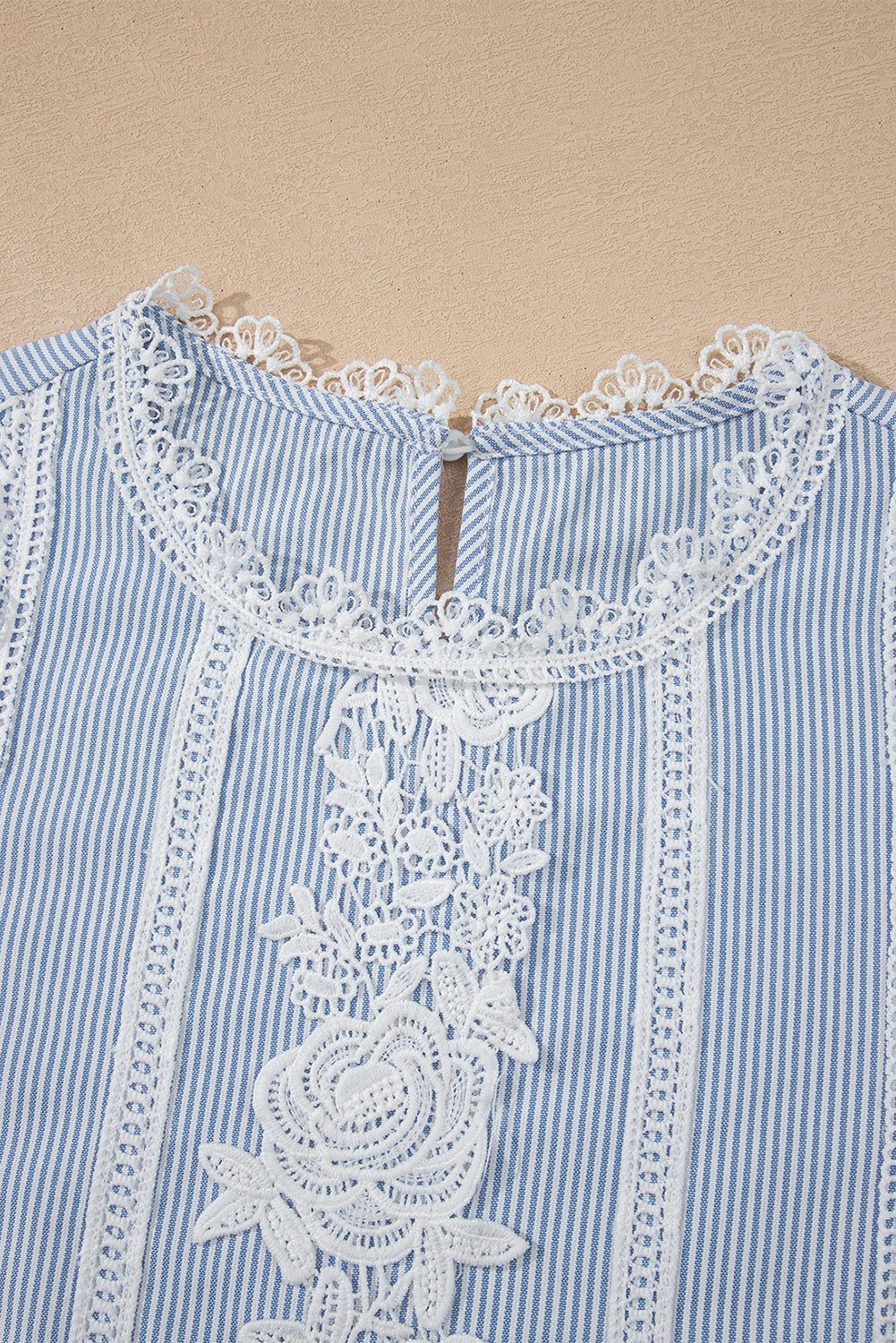 Sky Blue Striped Lace Floral Applique Puff Sleeve Blouse - MAD RUFFI