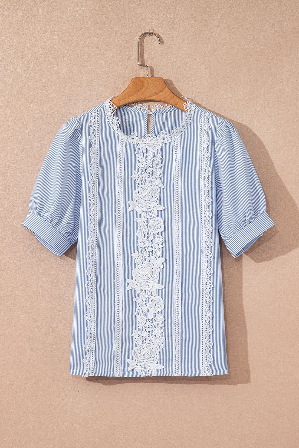 Sky Blue Striped Lace Floral Applique Puff Sleeve Blouse - MAD RUFFI