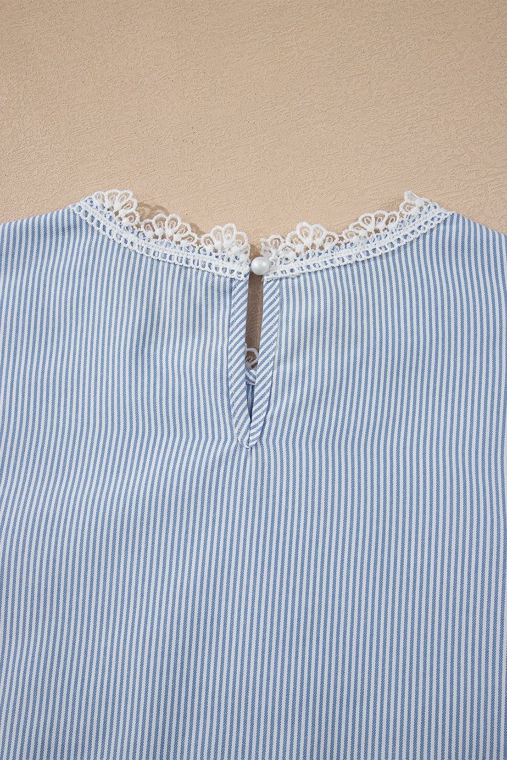 Sky Blue Striped Lace Floral Applique Puff Sleeve Blouse - MAD RUFFI