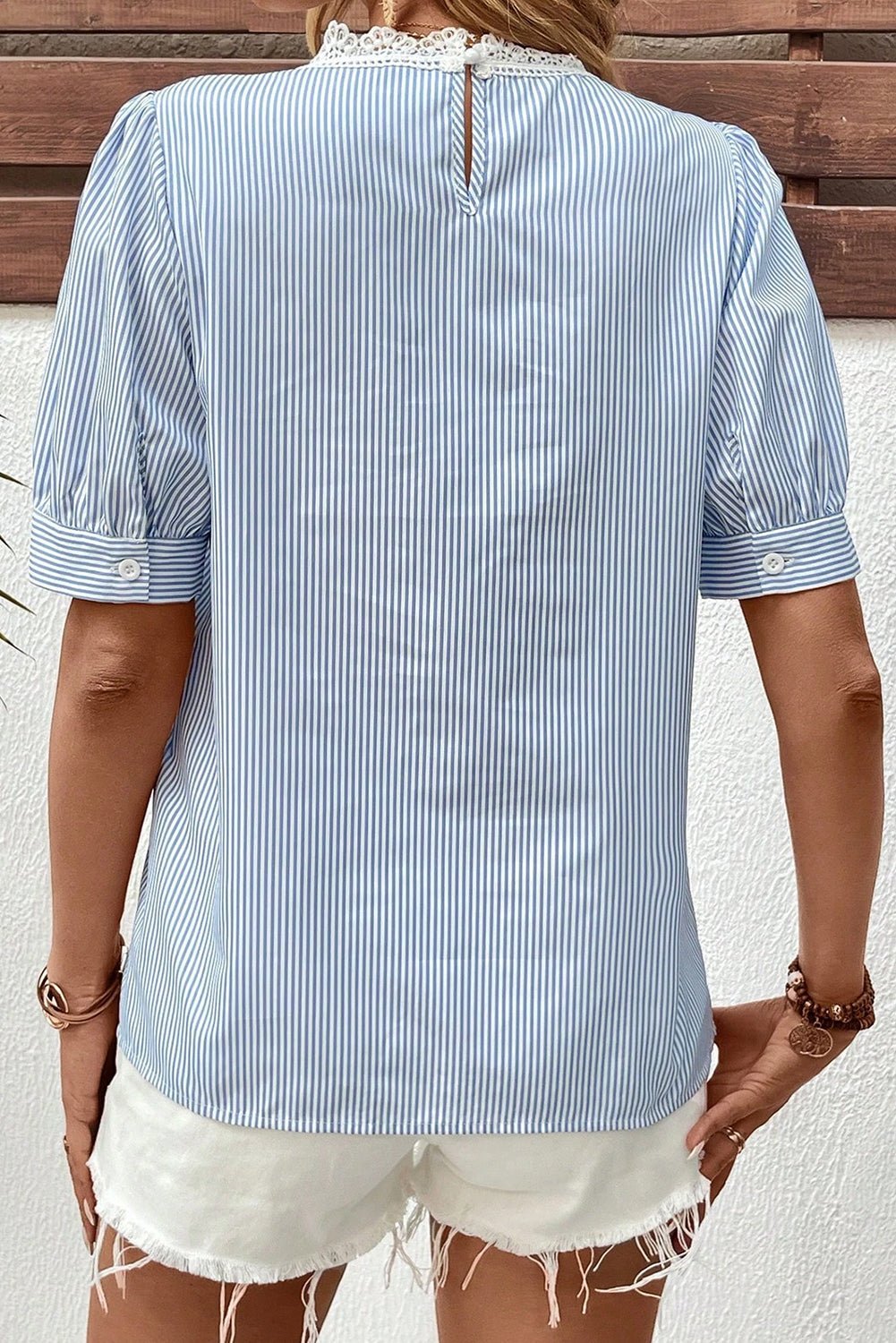 Sky Blue Striped Lace Floral Applique Puff Sleeve Blouse - MAD RUFFI