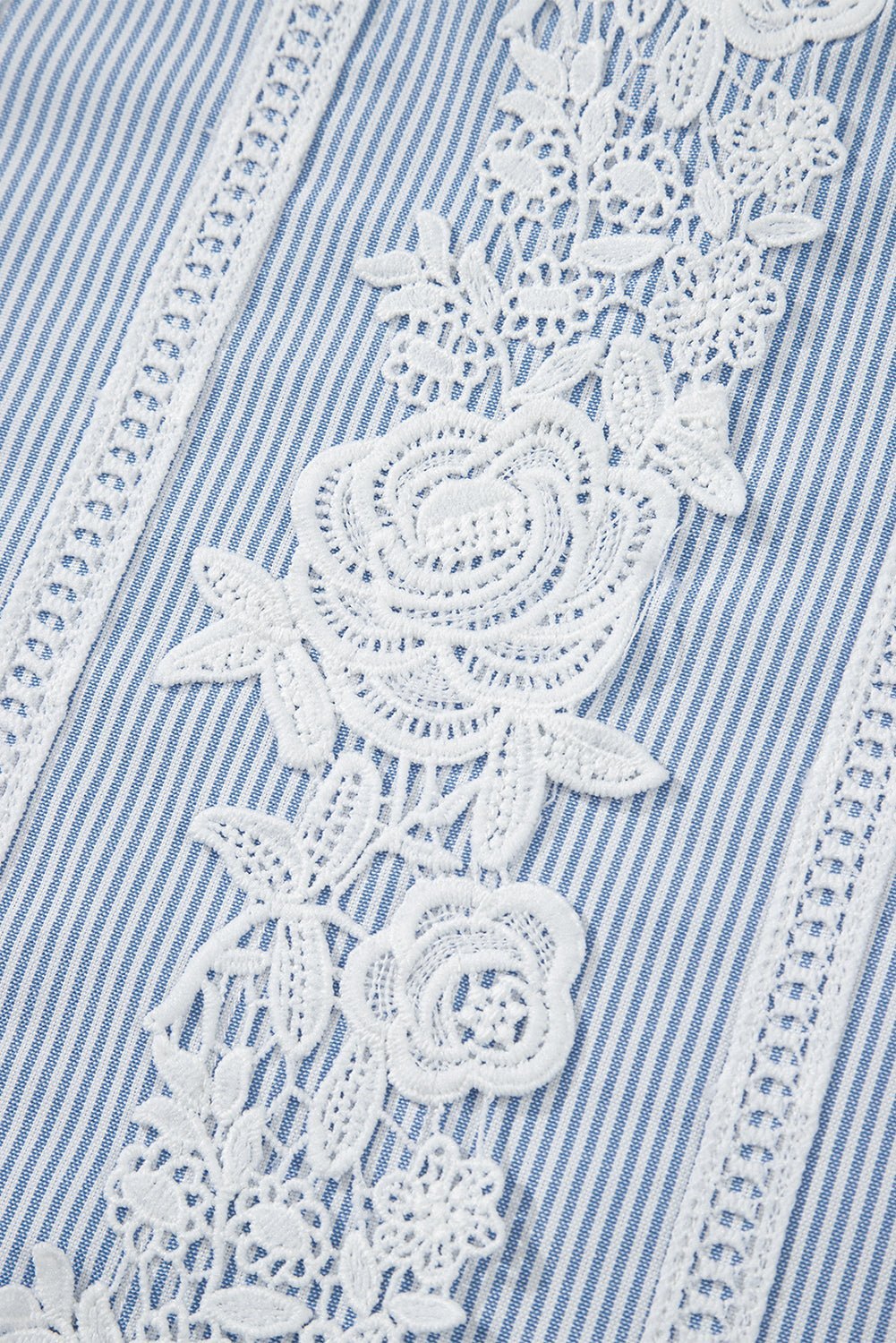 Sky Blue Striped Lace Floral Applique Puff Sleeve Blouse - MAD RUFFI