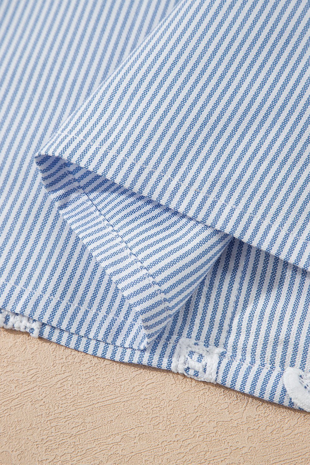 Sky Blue Striped Lace Floral Applique Puff Sleeve Blouse - MAD RUFFI