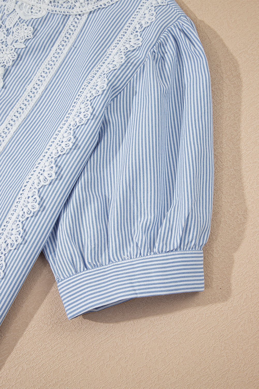 Sky Blue Striped Lace Floral Applique Puff Sleeve Blouse - MAD RUFFI