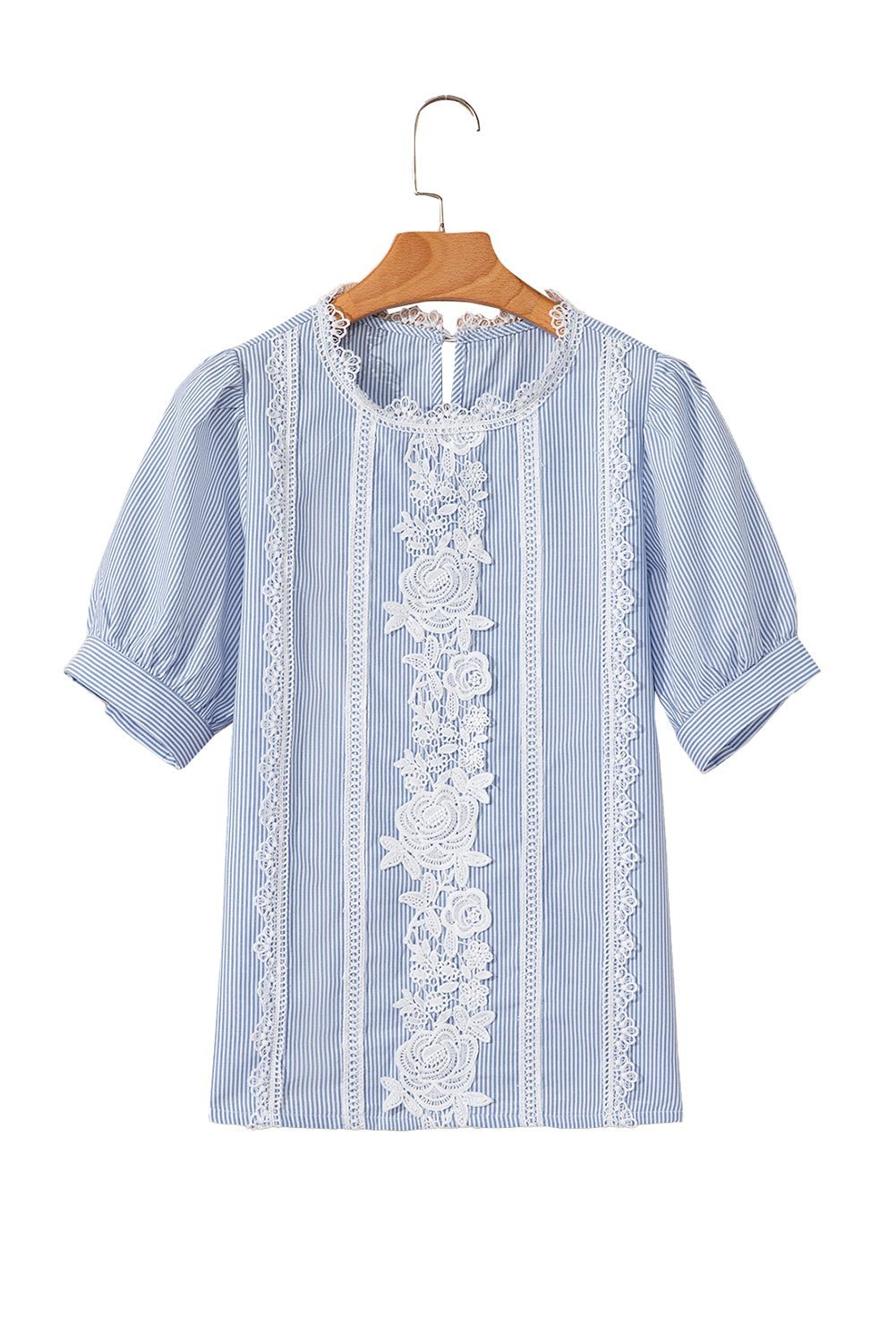 Sky Blue Striped Lace Floral Applique Puff Sleeve Blouse - MAD RUFFI