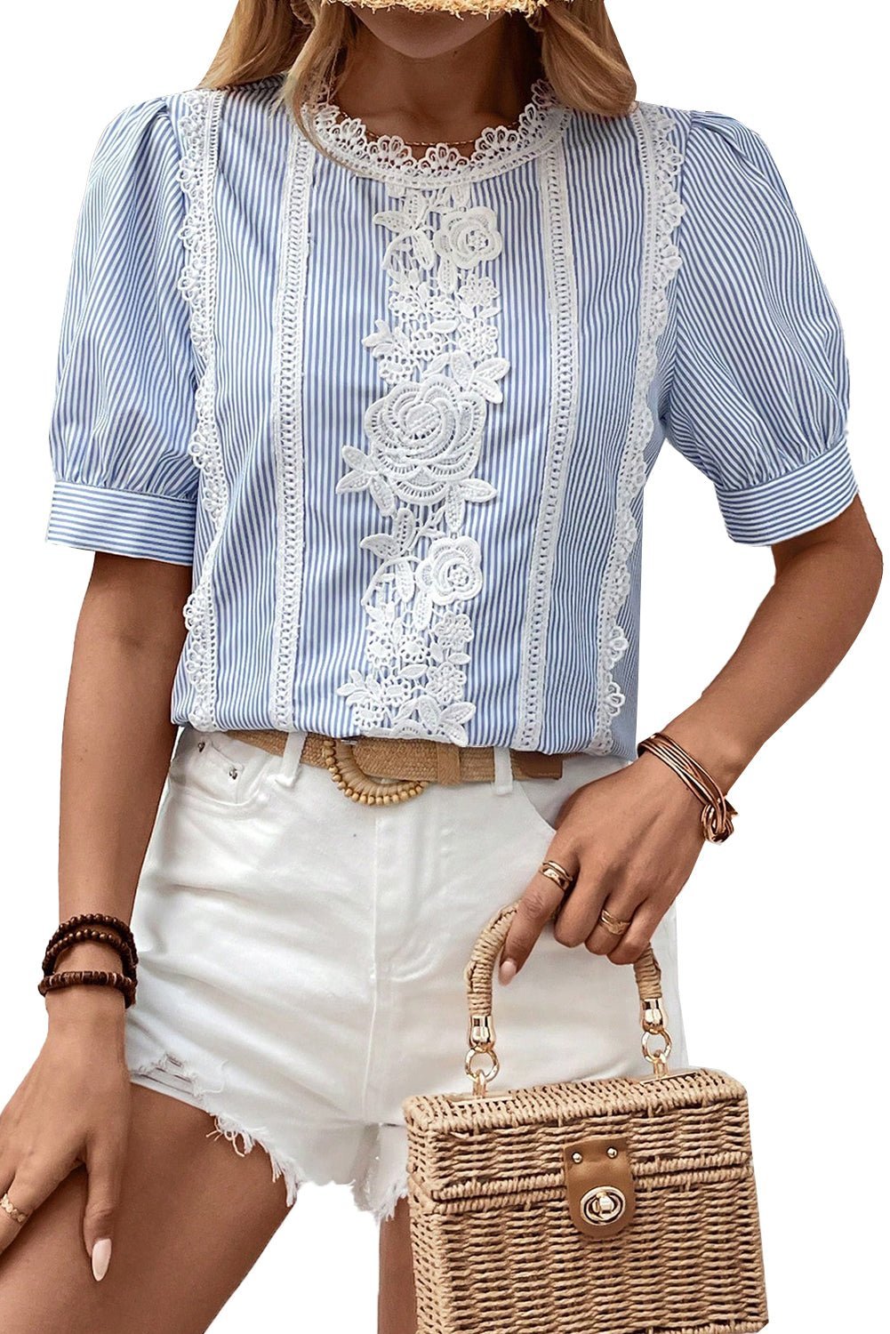 Sky Blue Striped Lace Floral Applique Puff Sleeve Blouse - MAD RUFFI