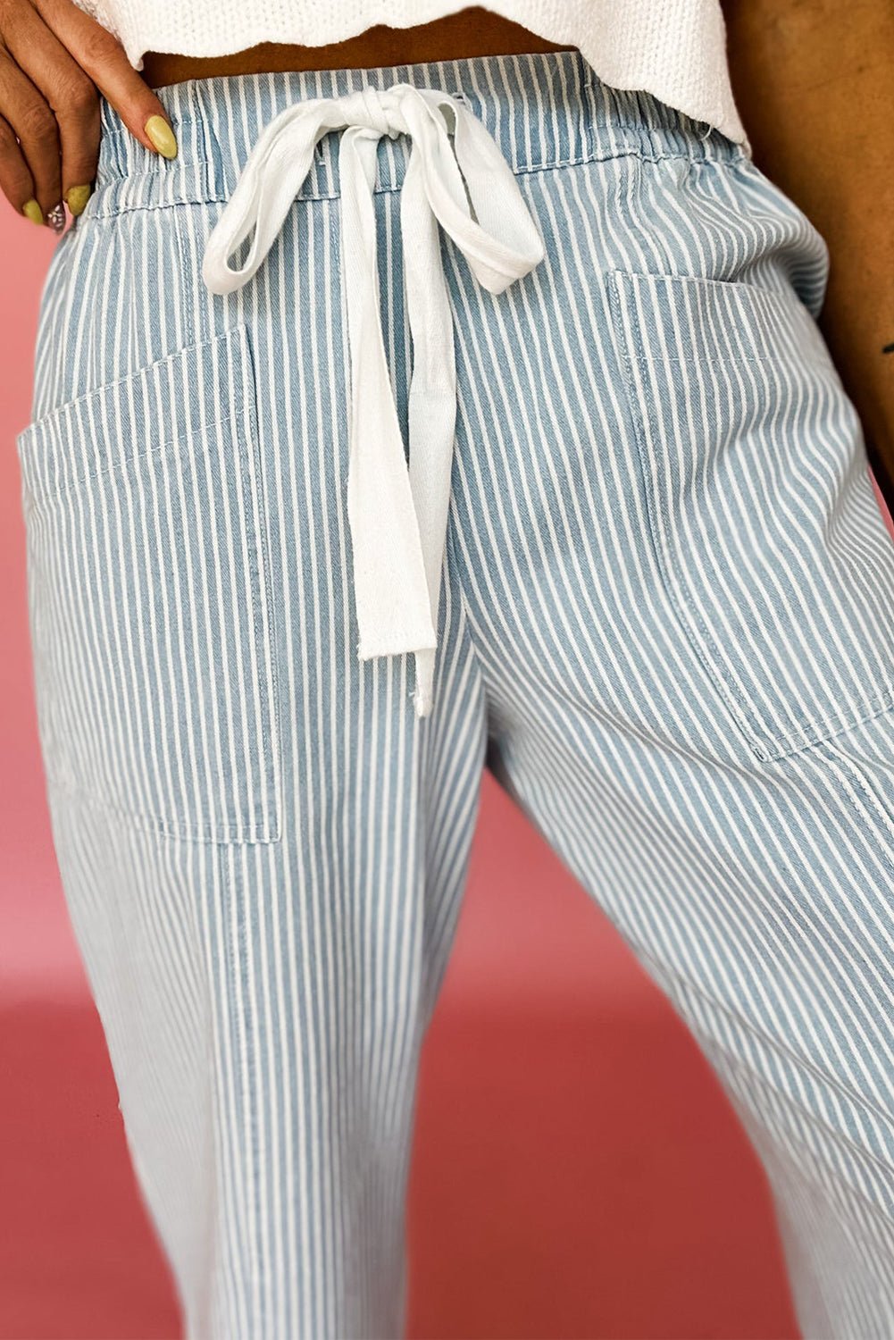 Sky Blue Striped Mid Rise Drawstring Waist Jeans - MAD RUFFI