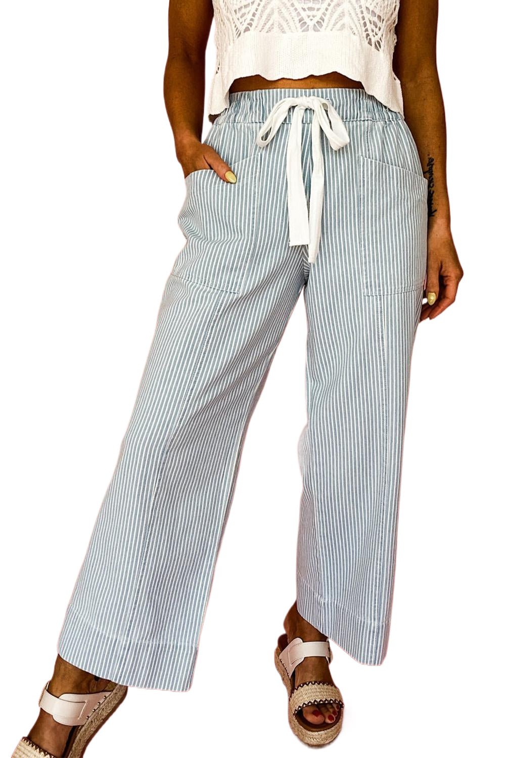 Sky Blue Striped Mid Rise Drawstring Waist Jeans - MAD RUFFI